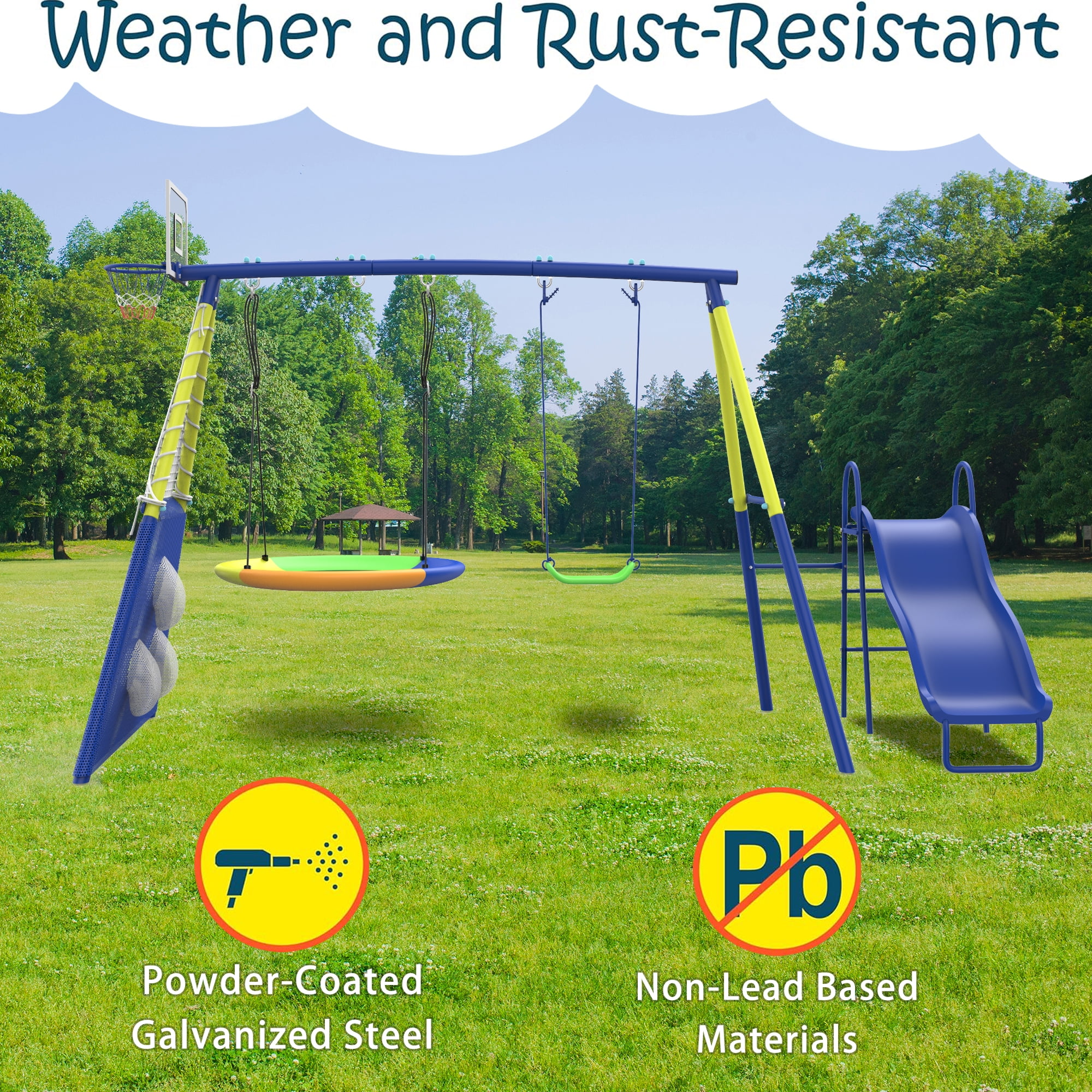 Shengchao Trade Metal Kids Swing Set, Heavy-Duty Outdoor A-Frame Playground with 2 Swings, Saucer Swing, and Sports Hoop (Blue, 75 in H x 67.7 in L x 136 in W) 4jmwx
