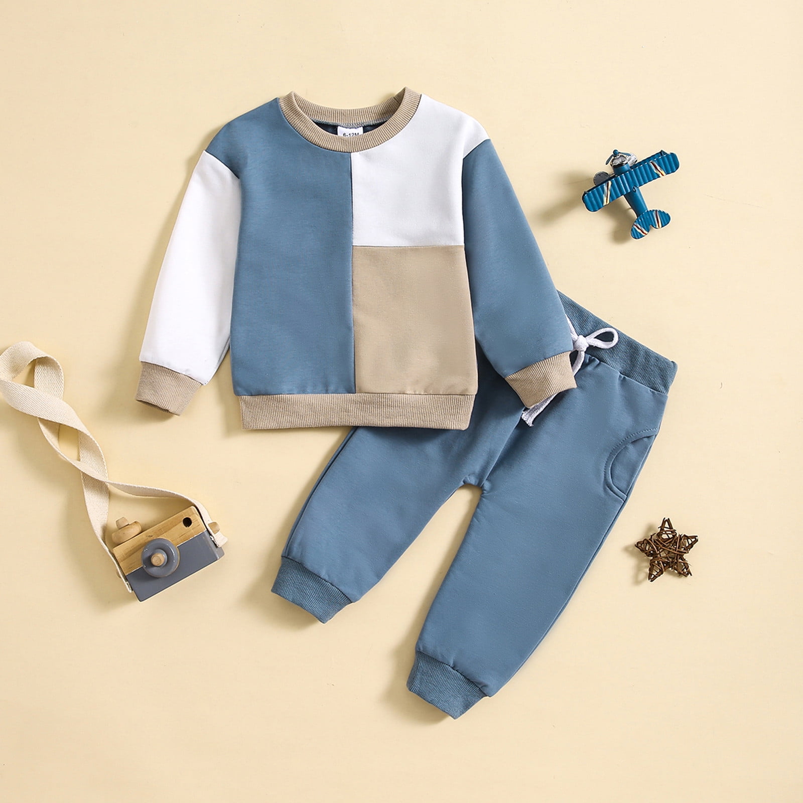 HCNTES Toddler Boy Fall Winter Outfit Set Color Block Long Sleeve Sweatshirt and Jogger Pants (Beige, 2-3 Years) 24ddq
