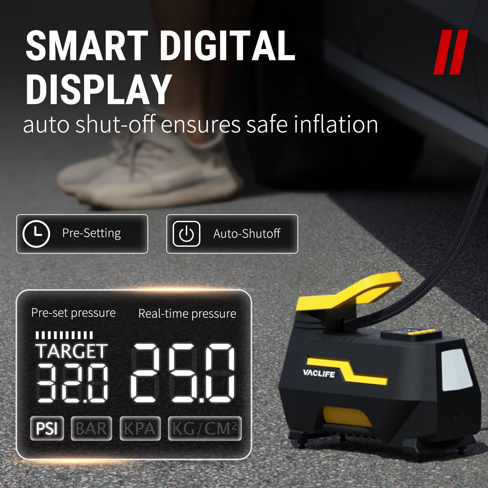 VacLife Portable Tire Inflator Air Compressor (Dual Power 12V DC/110V AC, Digital Display, LED Light, Auto Shut-Off) vpcbm