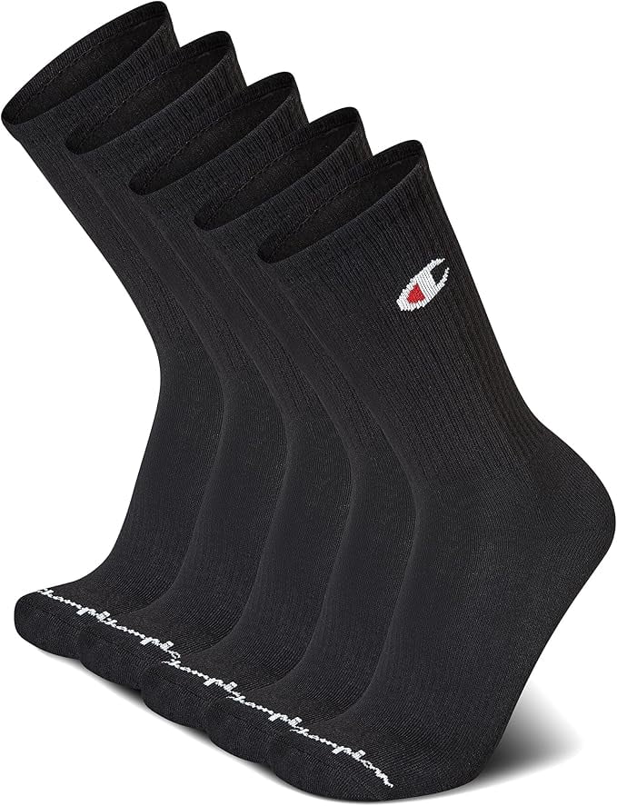 Champion Men's Performance Cushion Crew Socks Moisture-Wicking Athletic Gear (Black, 5-Pack) 34nhn
