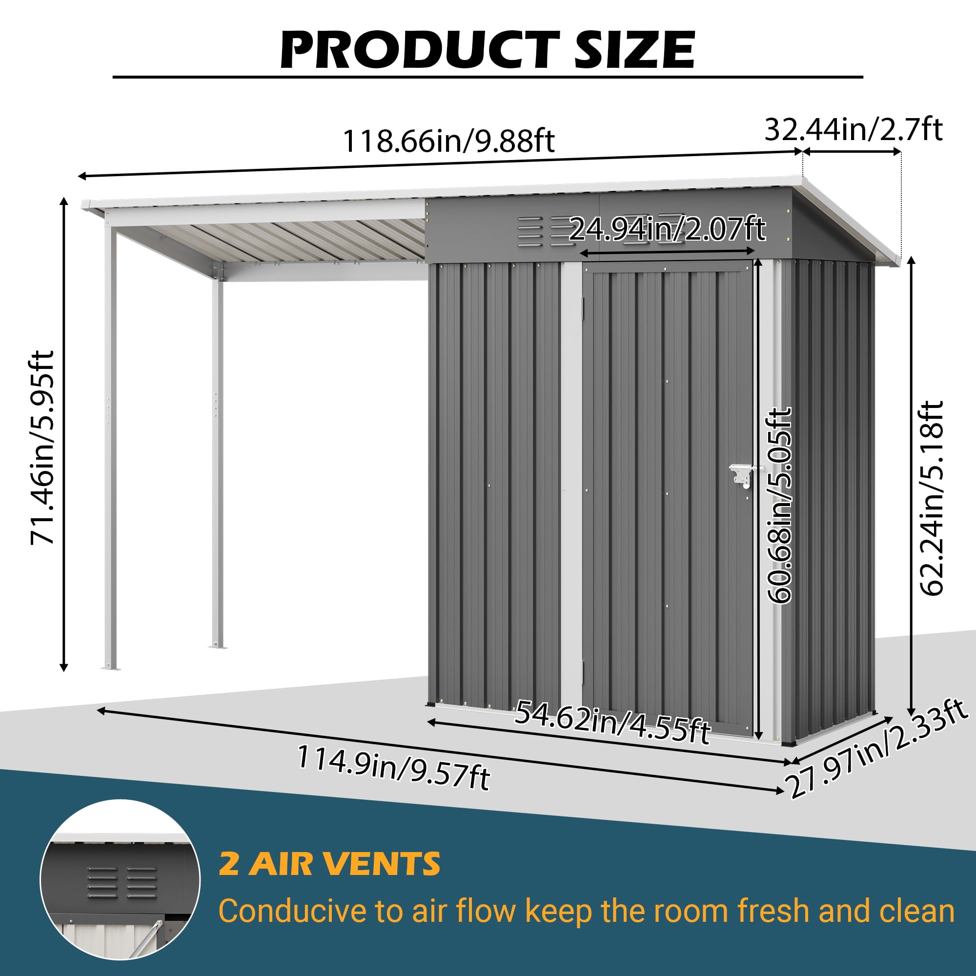 LZBEITEM Outdoor Storage Shed with Attached Hardtop Pergola, Weather-Resistant Metal Tool Shed (Grey, 5 ft x 3 ft) 9edkc