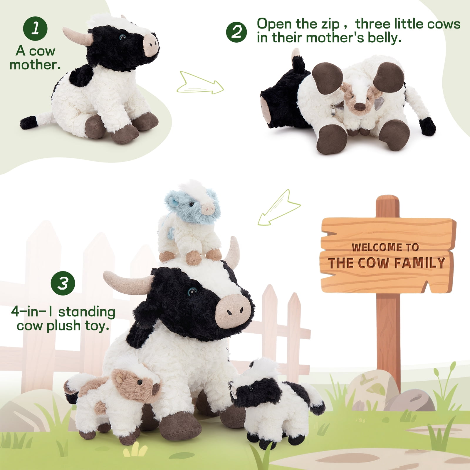 MorisMos Cow Stuffed Animal Set with 3 Baby Calf Plushies (White, 20.5 in) utivh