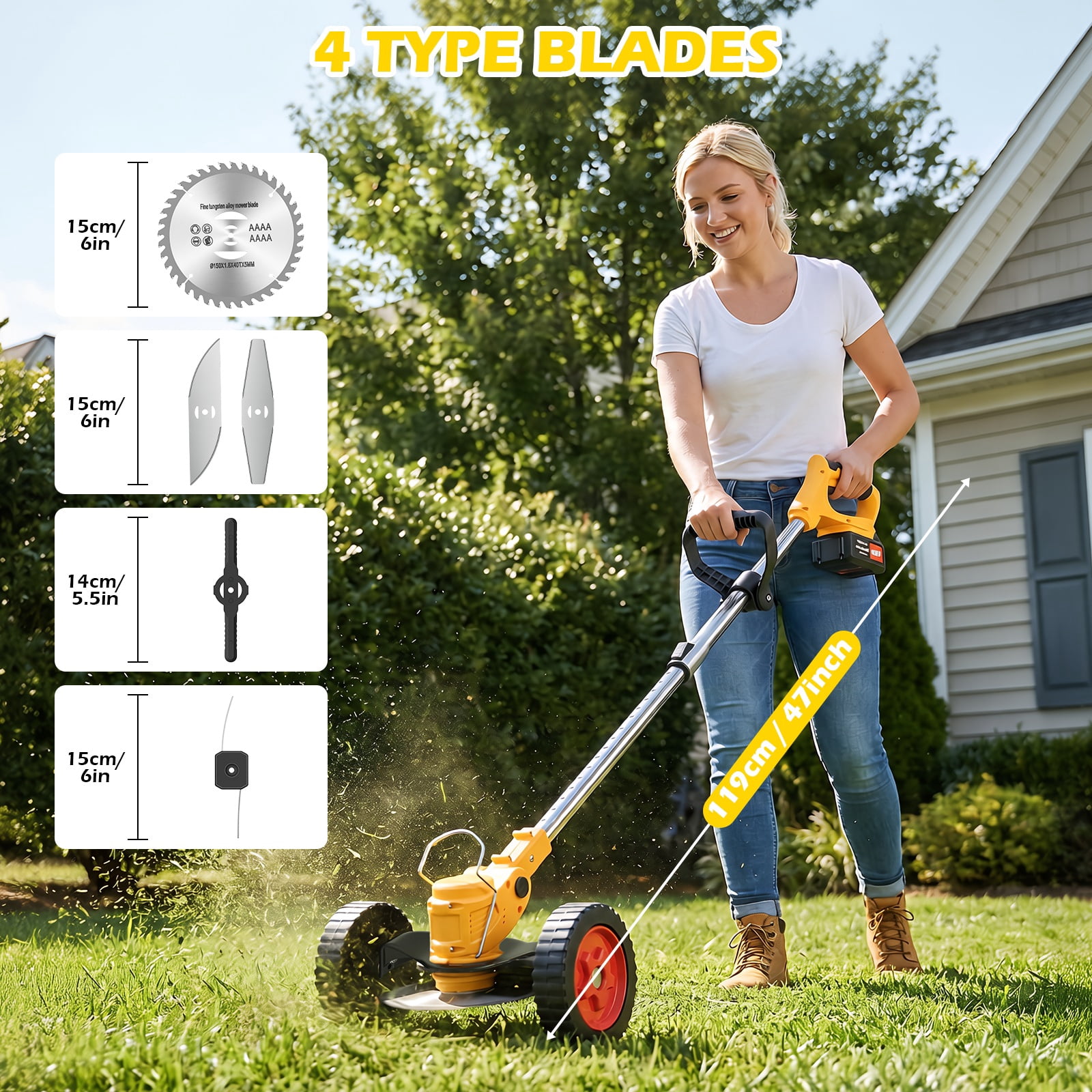 CATGOOD Cordless Electric Weed Trimmer with Wheels, 650W Grass Edger and Brush Cutter, Adjustable Shaft (Yellow, 2-Battery Pack) knlph