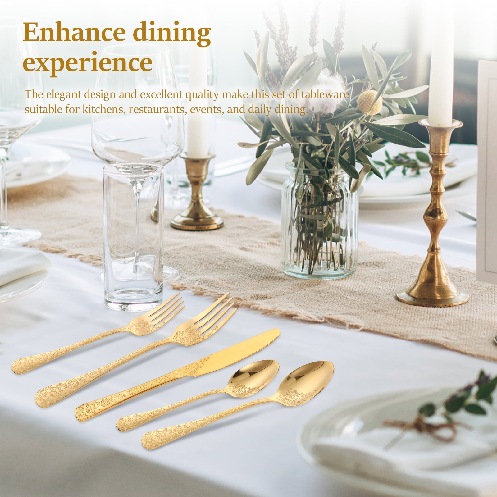 Jetcloudlive 20-Piece Floral Stainless Steel Flatware Set, Vintage Mirror Polished Cutlery for 4 (Gold, 20-Piece) 7d3kh