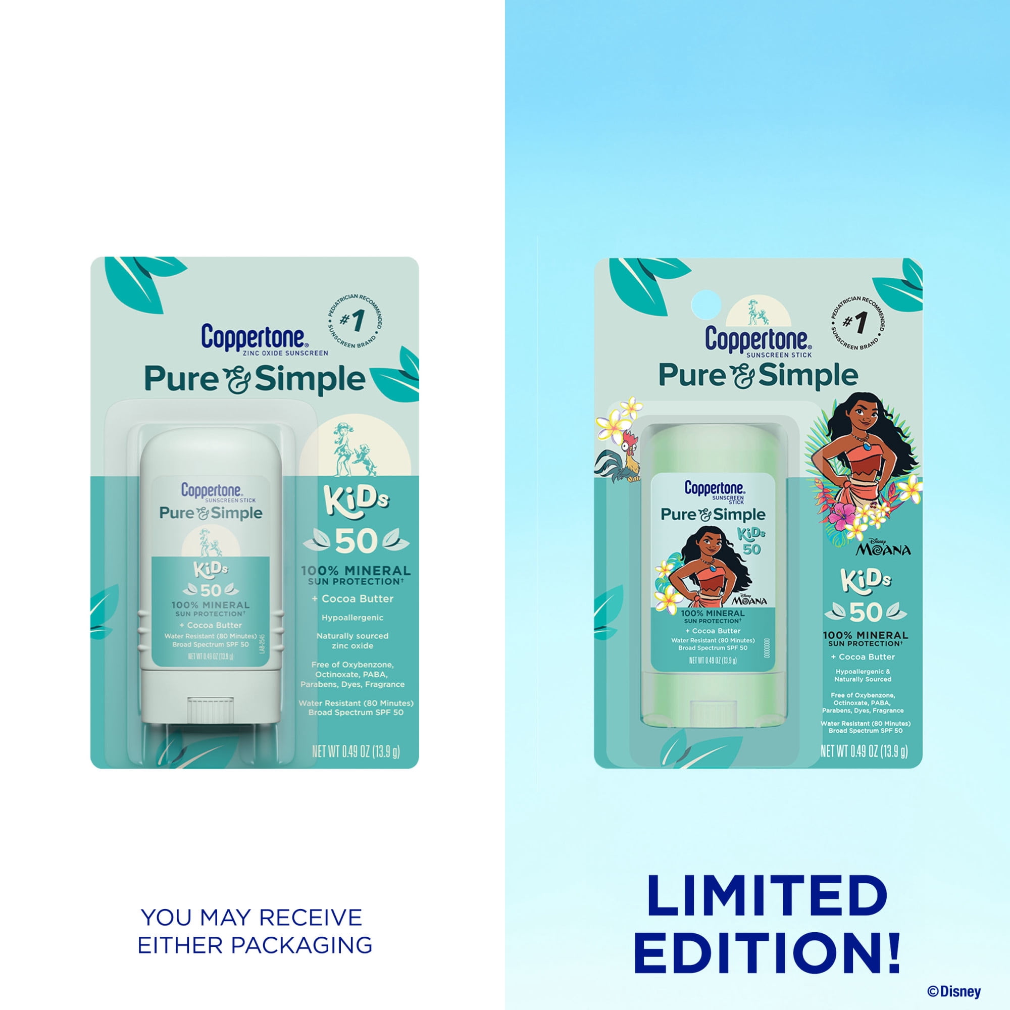 Coppertone Pure and Simple Kids Mineral Sunscreen Stick SPF 50, Disney Moana Edition (0.49 oz) tpvq0