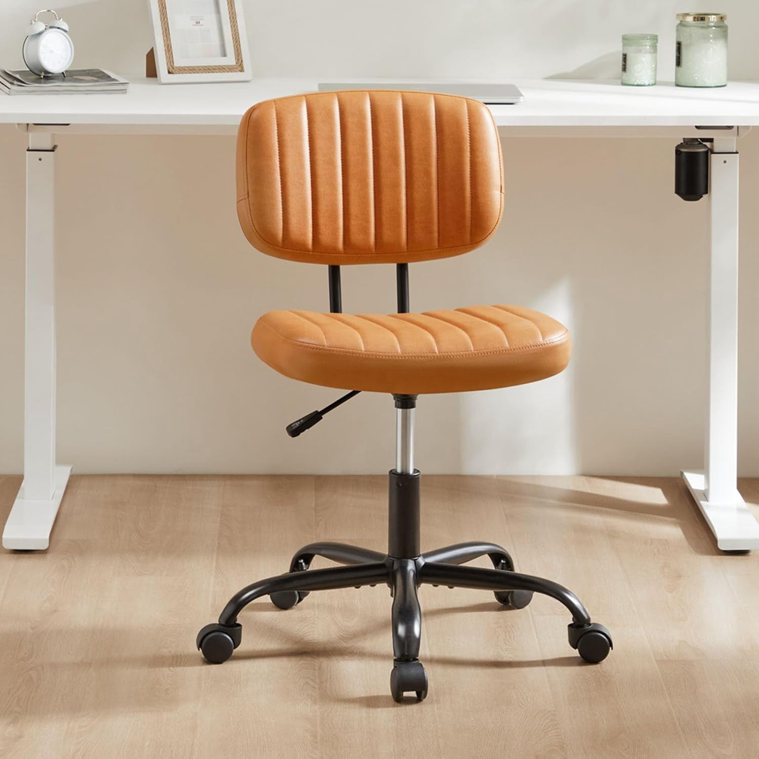 TINKLE WELL Ergonomic Armless Office Task Chair, Rolling Vanity Desk Chair with Swivel and Adjustable Height (Brown, 24.21 in x 16.33 in x 34.25 in) s16vc
