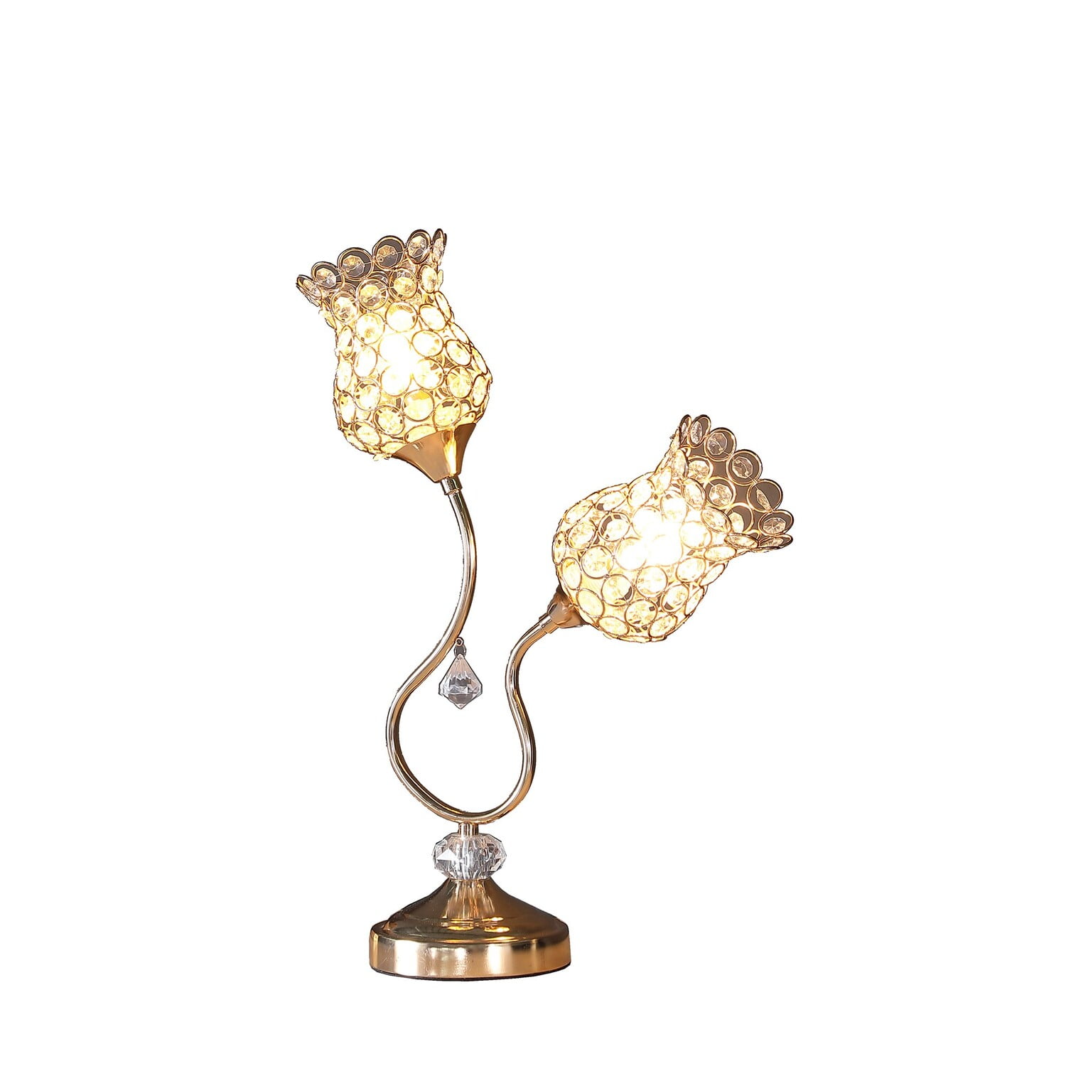 Saltoro Sherpi Metal Table Lamp with Floral Trumpet Shade and Crystal Accents (Gold, 24 in) i31dk