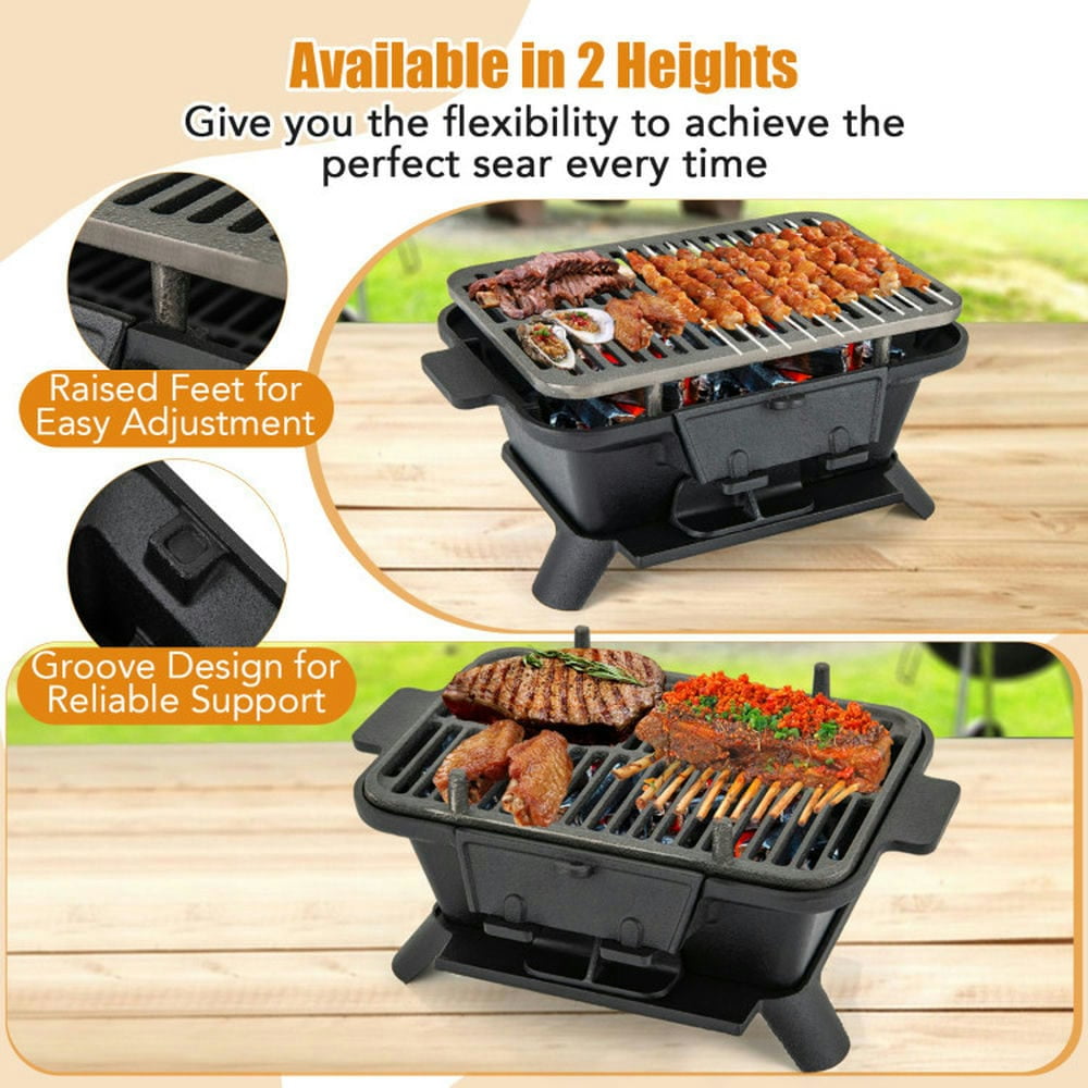 Aimee Lii Cast Iron Hibachi Grill, Portable Charcoal BBQ for Outdoor Cooking (Black, 16 in x 11 in x 7 in) 522qj