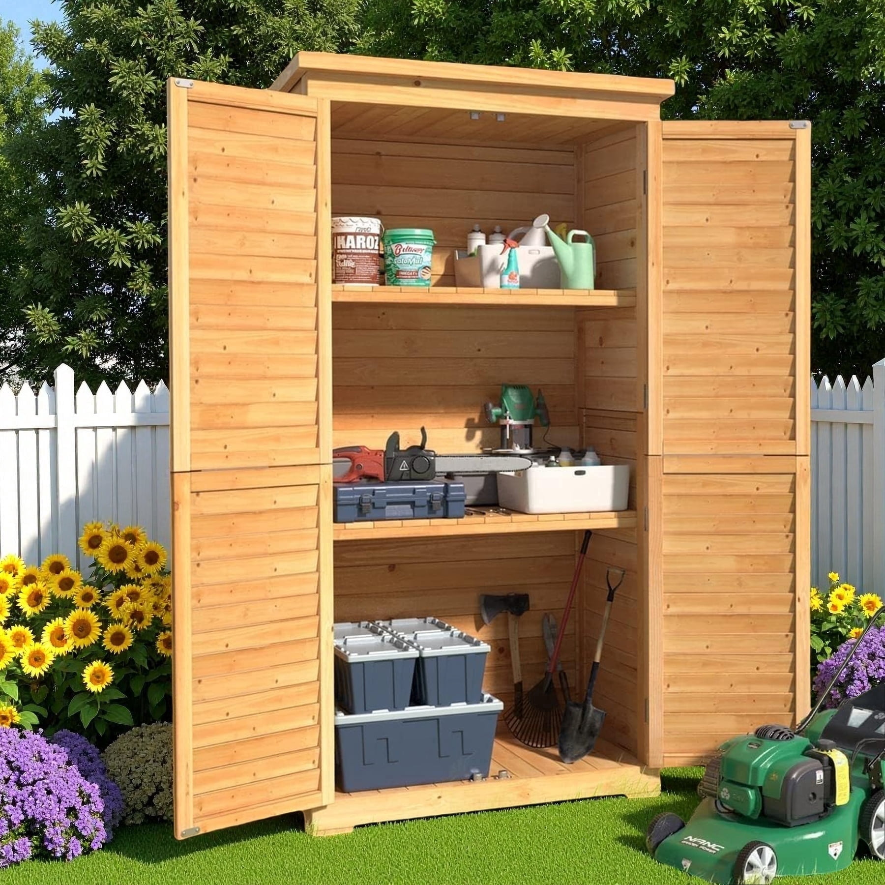 Lofka Outdoor Storage Cabinet, Weatherproof Garden Shed with Lockable Doors and Adjustable Shelves (Natural, 63.2 in) 71pwo