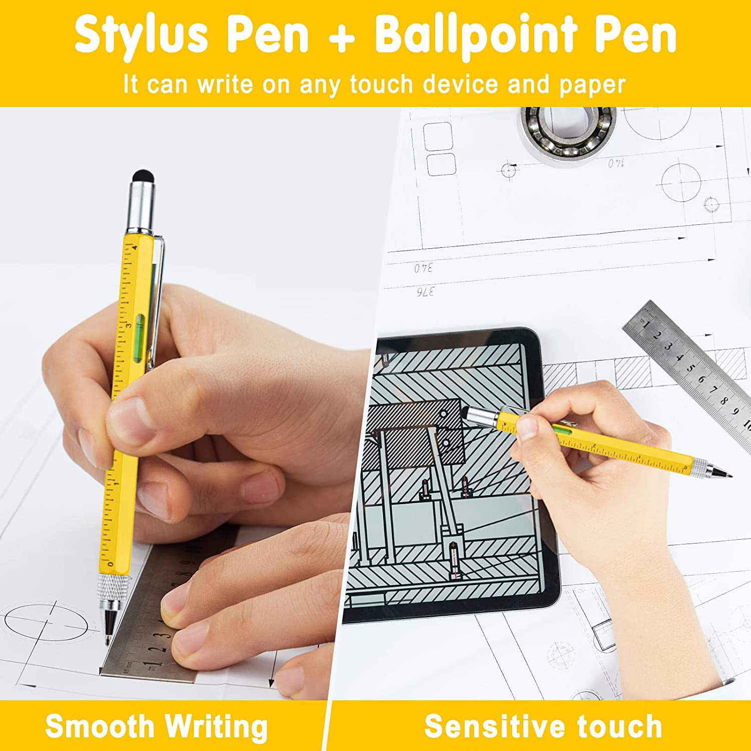 MOIPEJO 6-in-1 Multitool Pen with Stylus and Screwdriver Set (Yellow, 1 Pack) 4g3oi