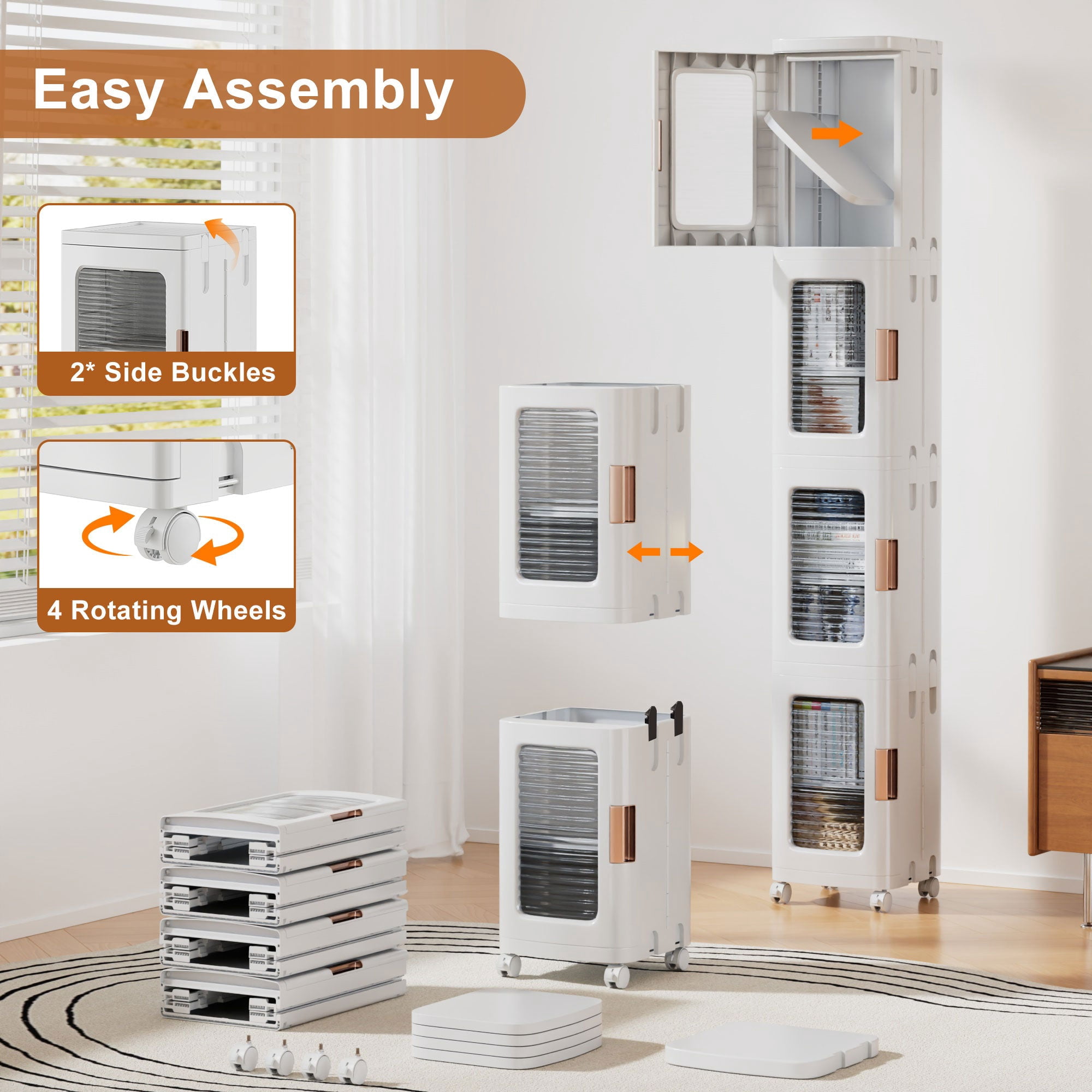 VECELO Folding Stackable Storage Organizer with Wheels, Durable Space-Saving Bin (White, 4 Pack, 65.4 in) pgq4f