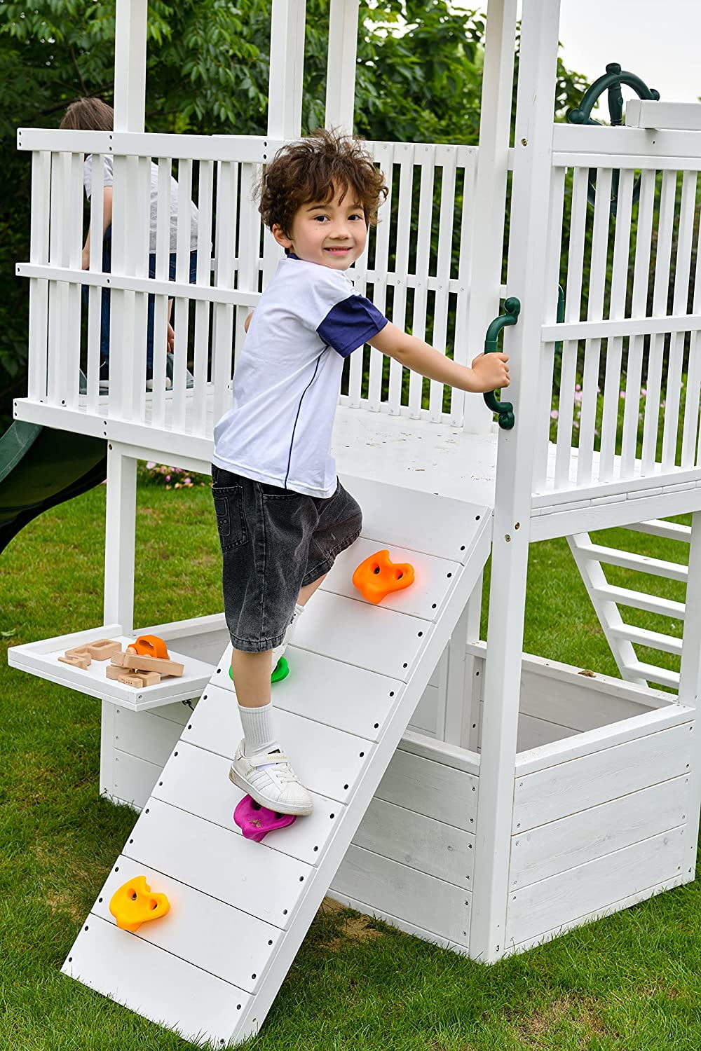 Avenlur Craftsman Modern Outdoor Backyard Swing Set with Slide, Clubhouse, and Rock Climbing Wall (White, 1 Unit) pncti