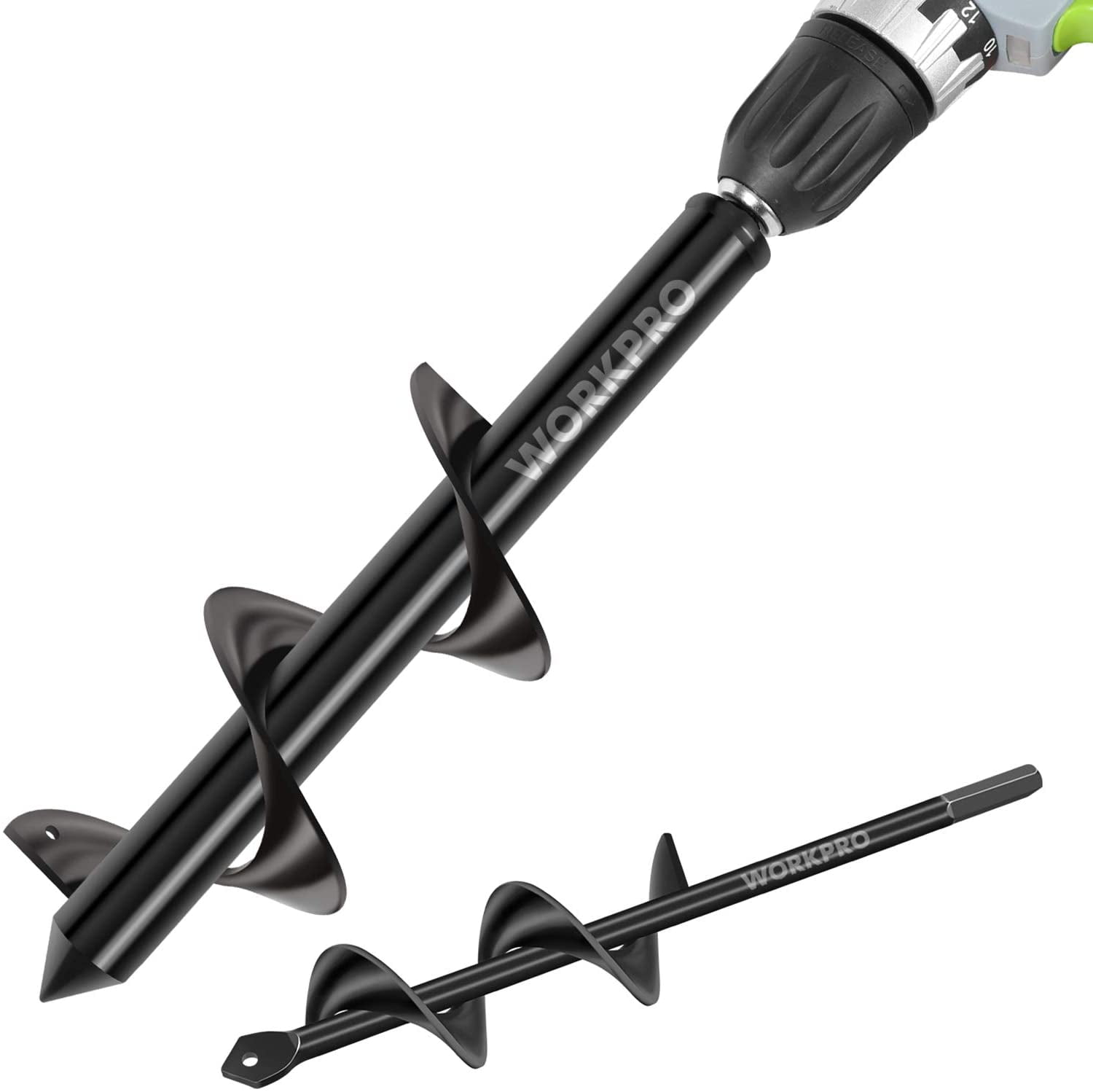 WORKPRO 2-Piece Garden Auger Drill Bit Set, Heavy-Duty Spiral Hole Digger for 3/8 in Hex Drive (1.6 in x 9 in and 3 in x 12 in) vqgup