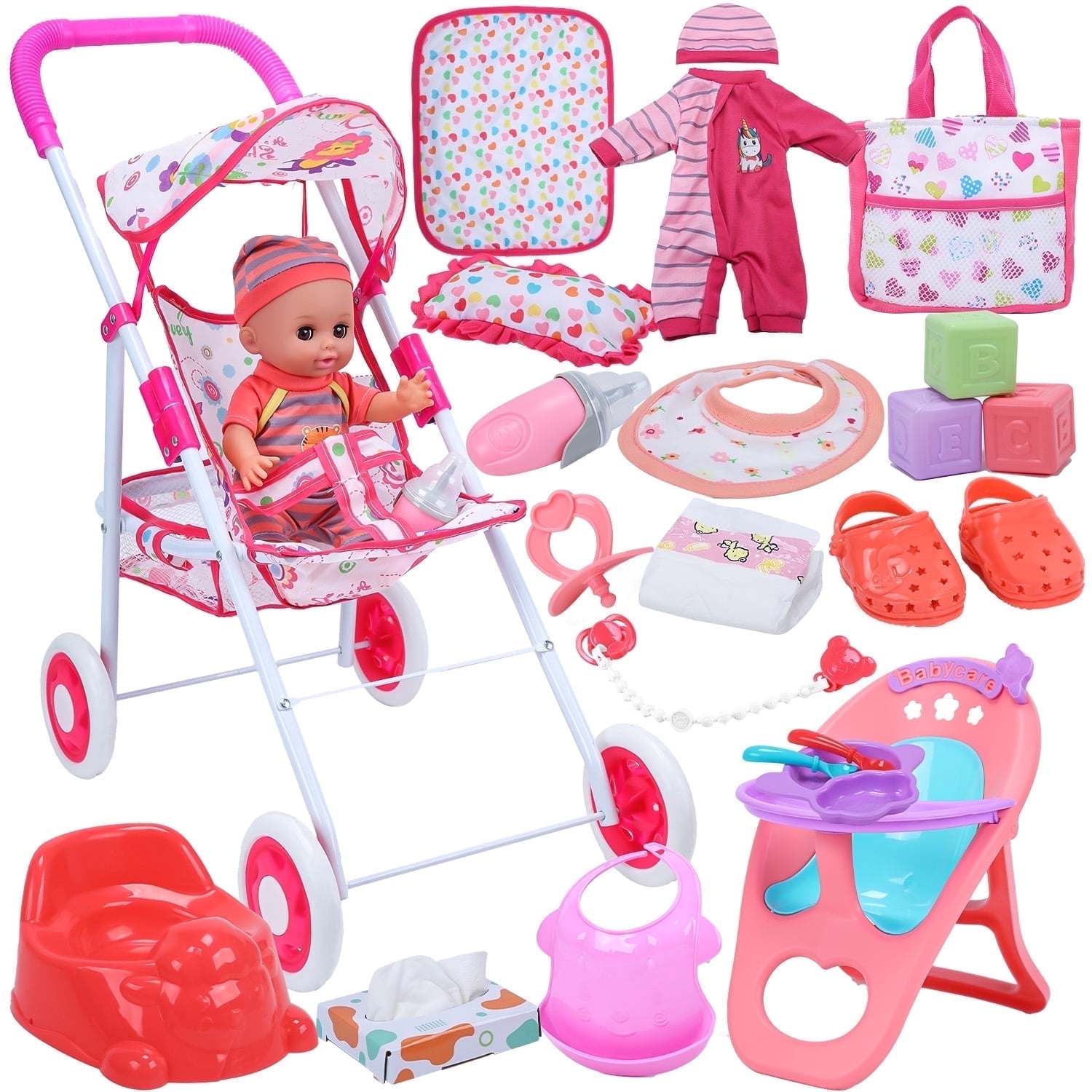 JoyStone Baby Doll Play Set with 12.5 in Doll, 21 in Foldable Stroller, High Chair, and 35 PCS Accessories (Multicolor, 12.5 in) rusm0