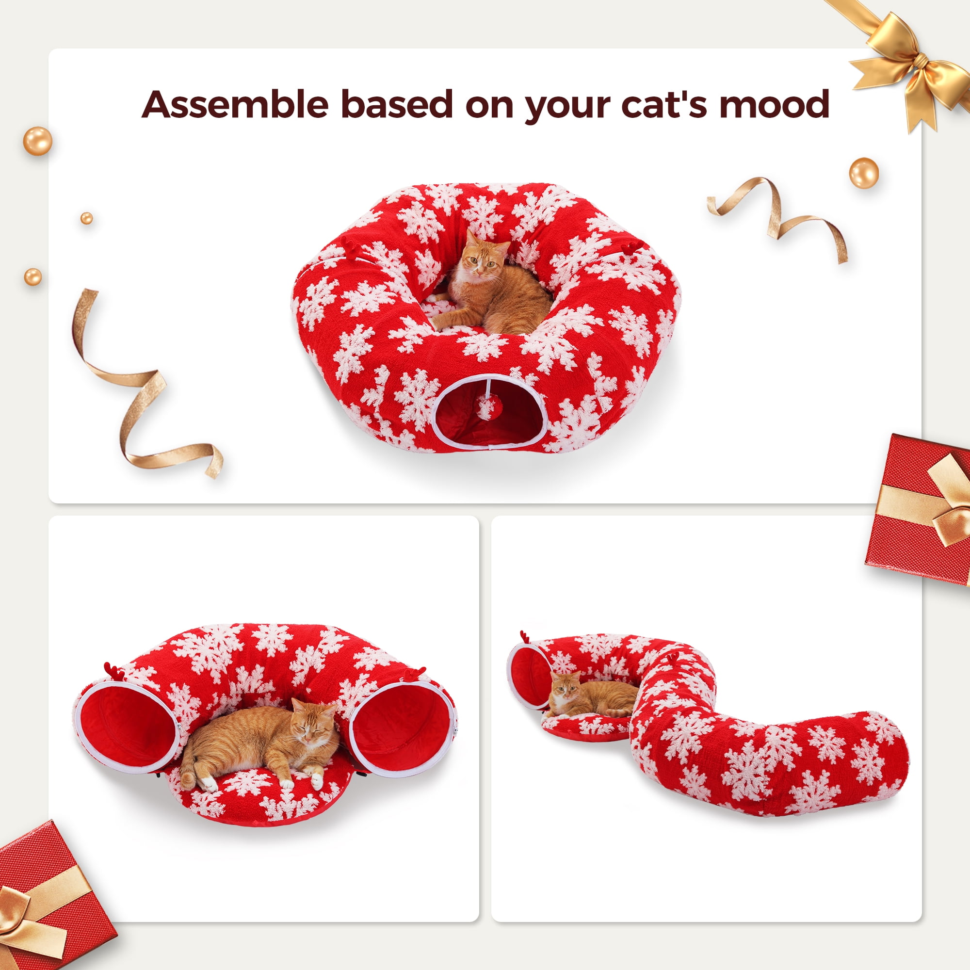 PAWZ Road Christmas Cat Tunnel Bed with Soft Mat and Hanging Toys (Red, 34 in) 3w2e7