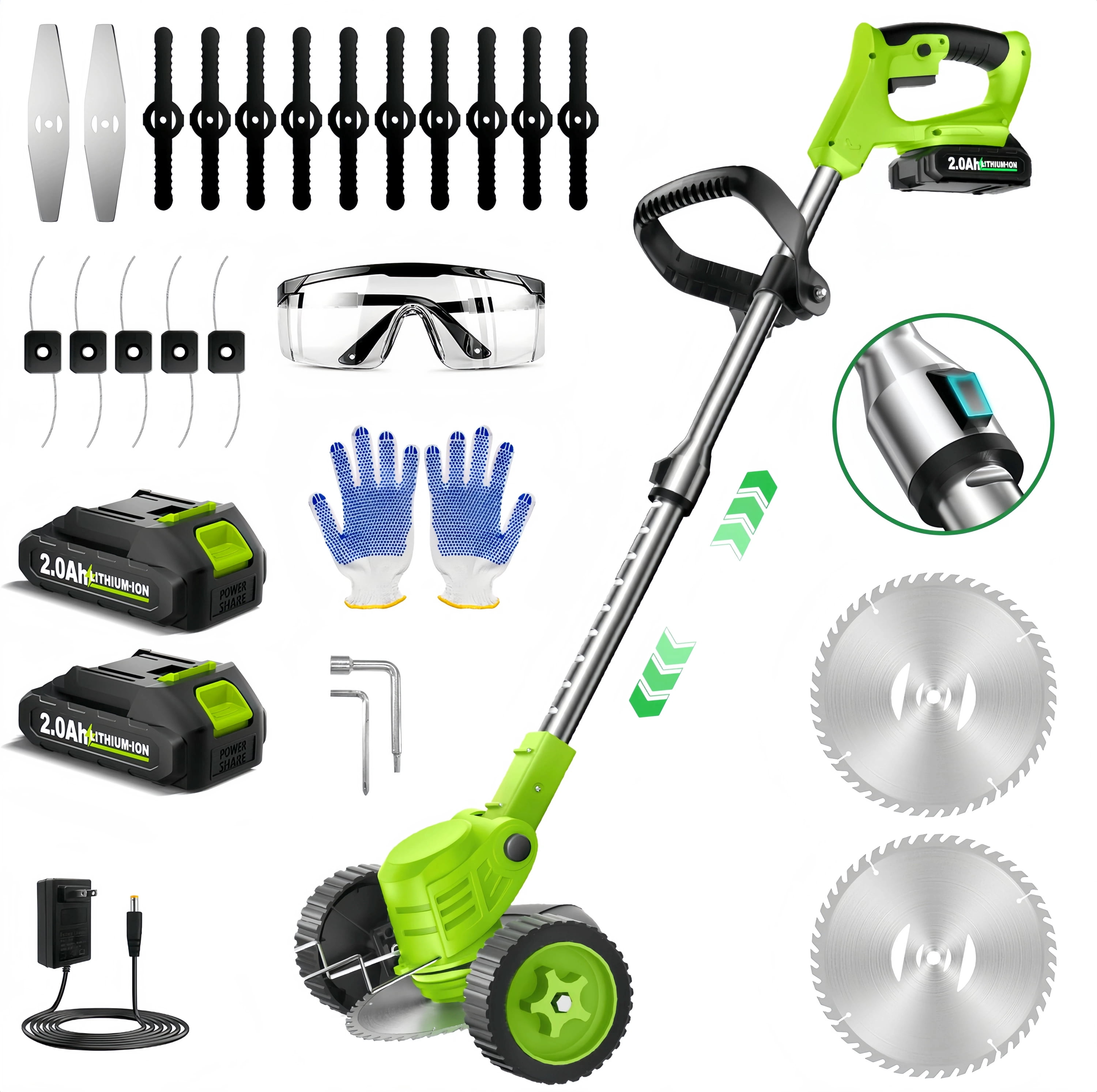Teblint 800W Cordless Electric Weed Wacker, String Trimmer and Edger with Wheels, 21V Batteries, Adjustable Telescopic Pole (Green, 4.5 lb) 1hgmz