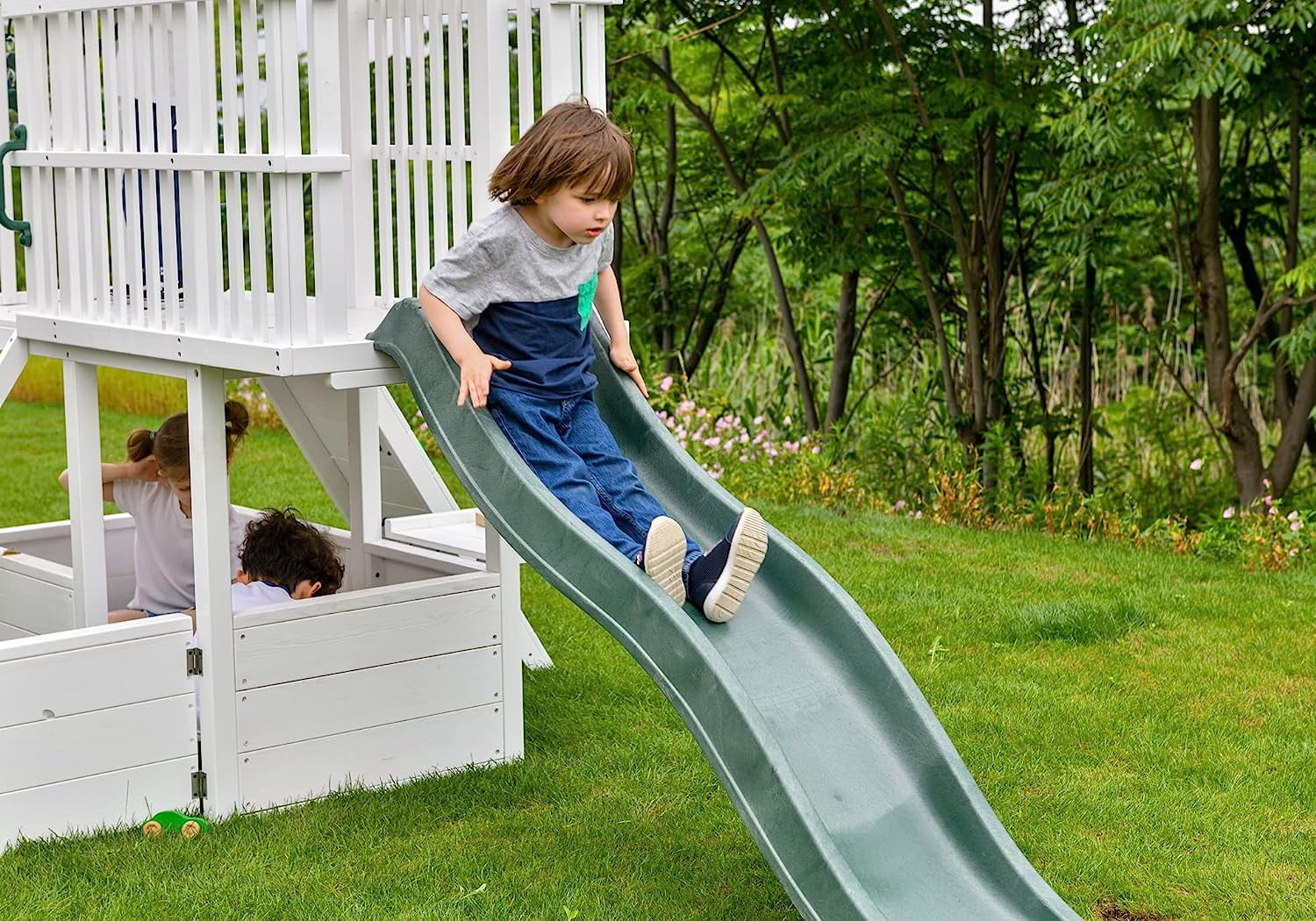 Avenlur Craftsman Modern Outdoor Backyard Swing Set with Slide, Clubhouse, and Rock Climbing Wall (White, 1 Unit) pncti