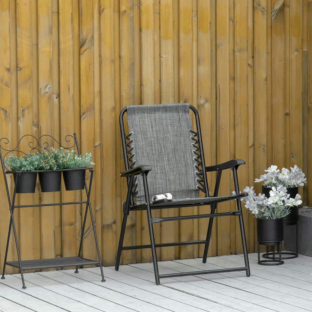 Yardi Yarda Outdoor Bungee Sling Folding Chair with Armrests (Gray, 24.75 in x 24 in x 35.75 in) rx55b