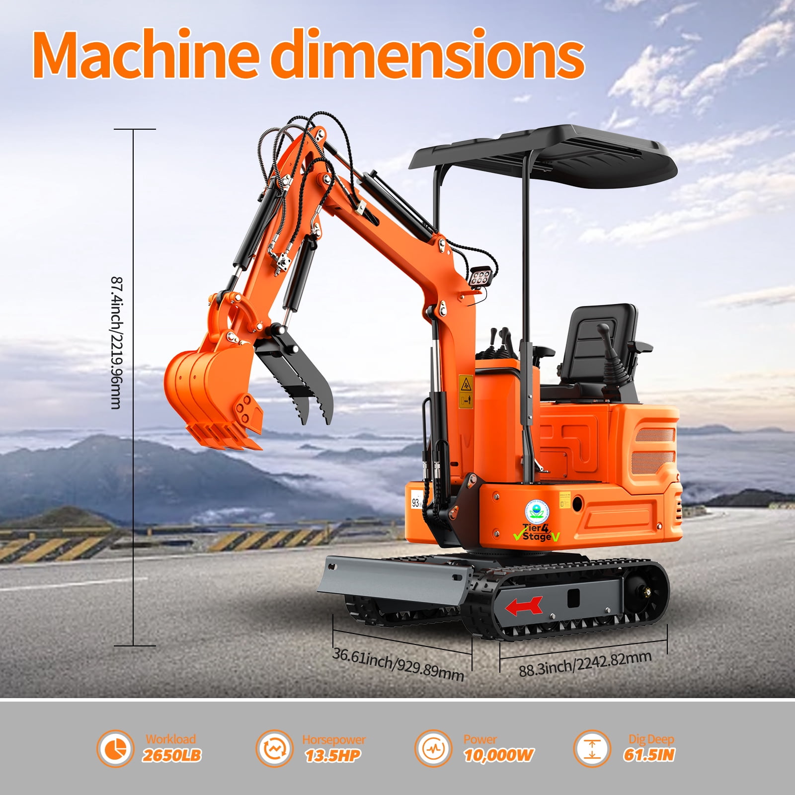 MachPro 1.2 Ton Mini Excavator with 13.5HP Gasoline Engine, Hydraulic Pilot Control, Includes Ripper, Rake, and Bucket (Orange, 1.2 Ton) izxdl