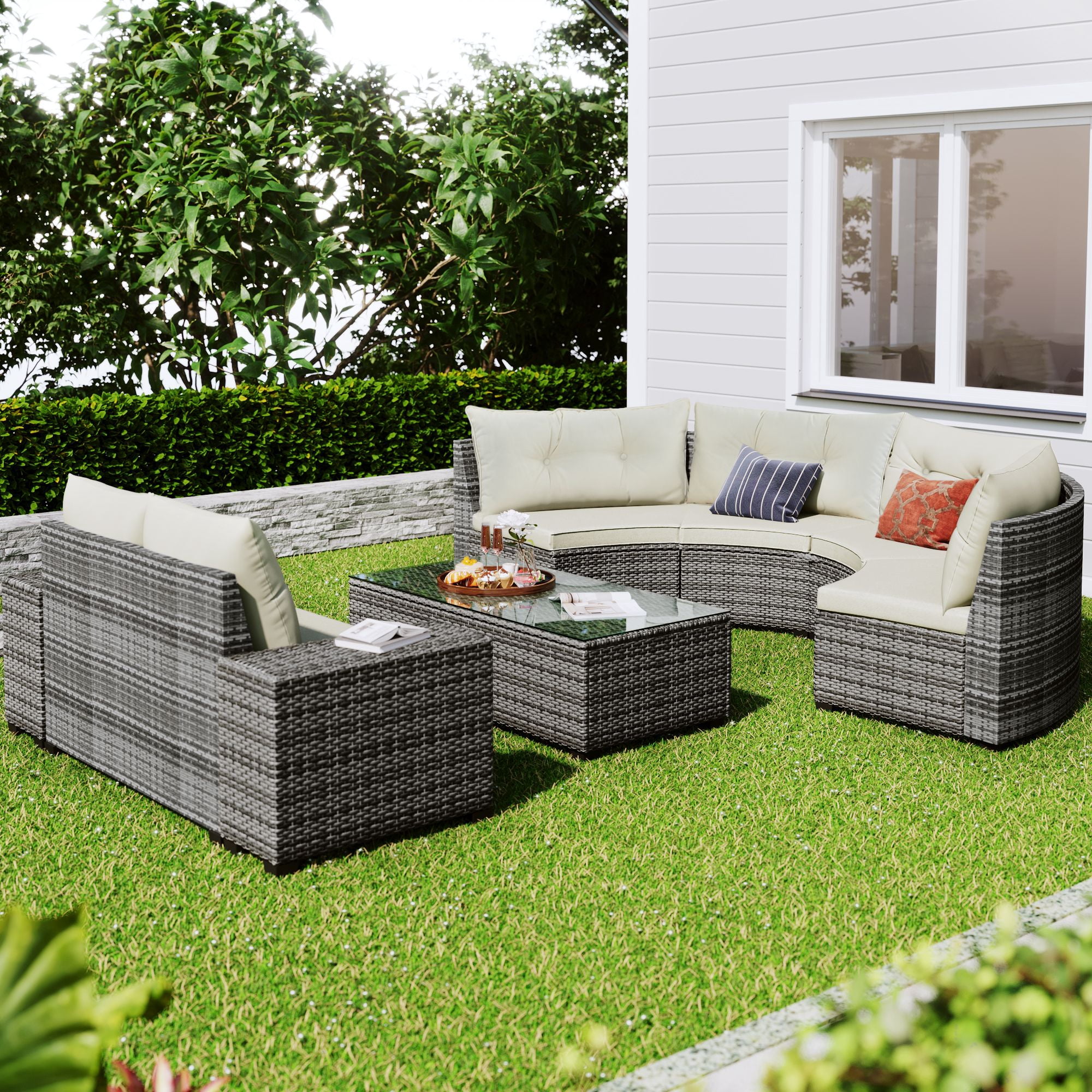 Rhomtree 8-Piece Half-Moon Outdoor Patio Furniture Set, Sectional Rattan Sofa with Coffee Table and Cushions (Beige) kks3i