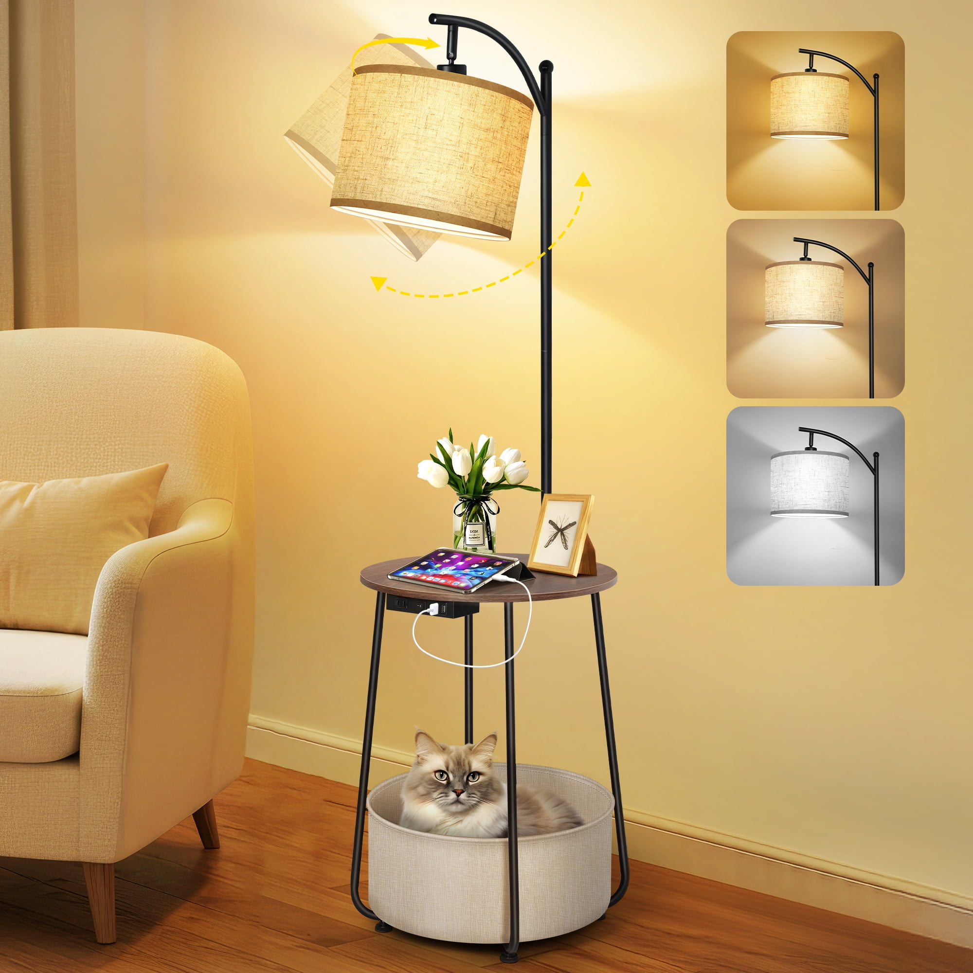 Outon Floor Lamp with Side Table, Dimmable LED Standing Lamp with USB-C Charging Port and Storage Shelf (Walnut, 61.4 in) 01dv6