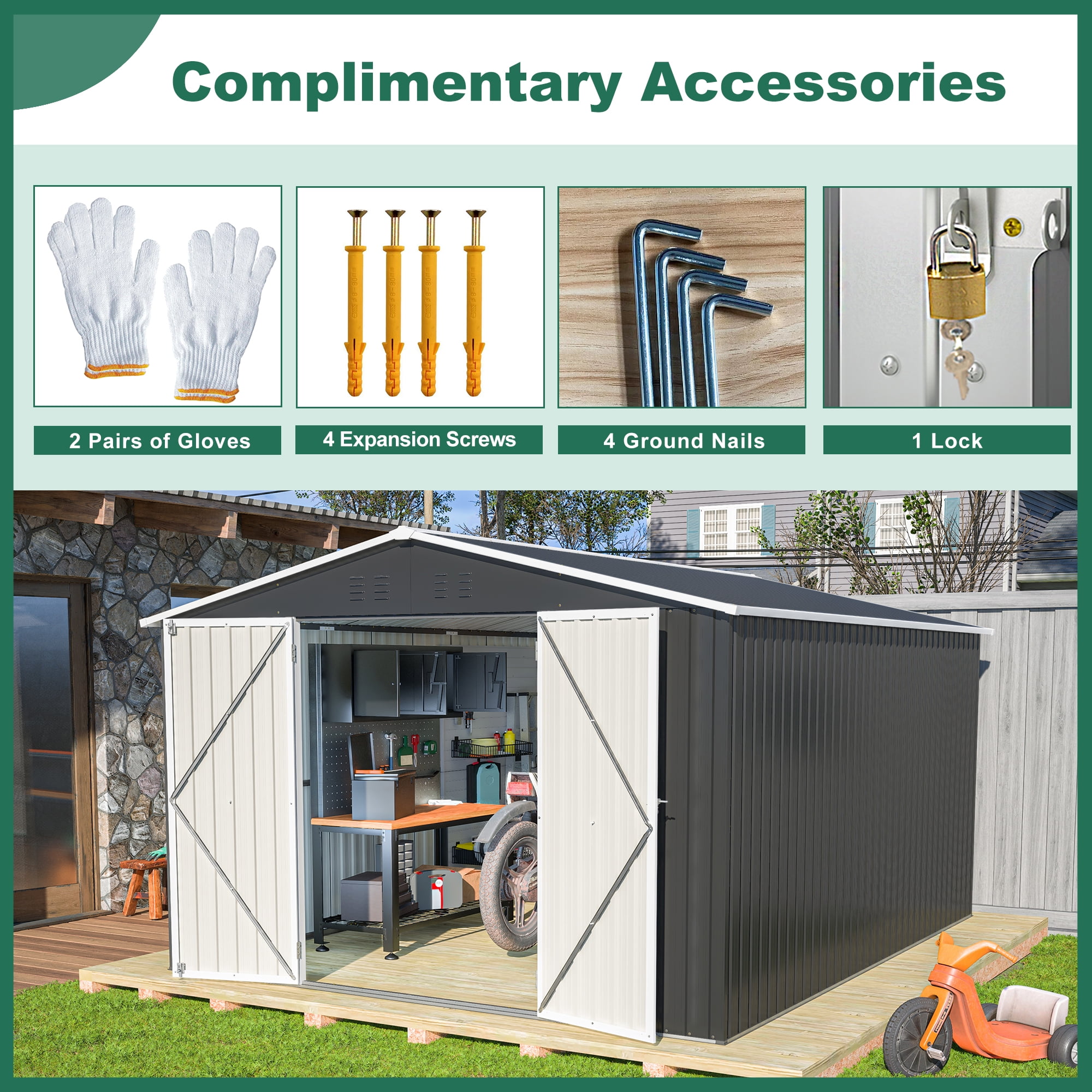 MAYEERTY Outdoor Metal Storage Shed, Galvanized Steel Tool Organizer with Sloped Roof and Lockable Doors (Black, 8 ft x 8 ft) yfgkq