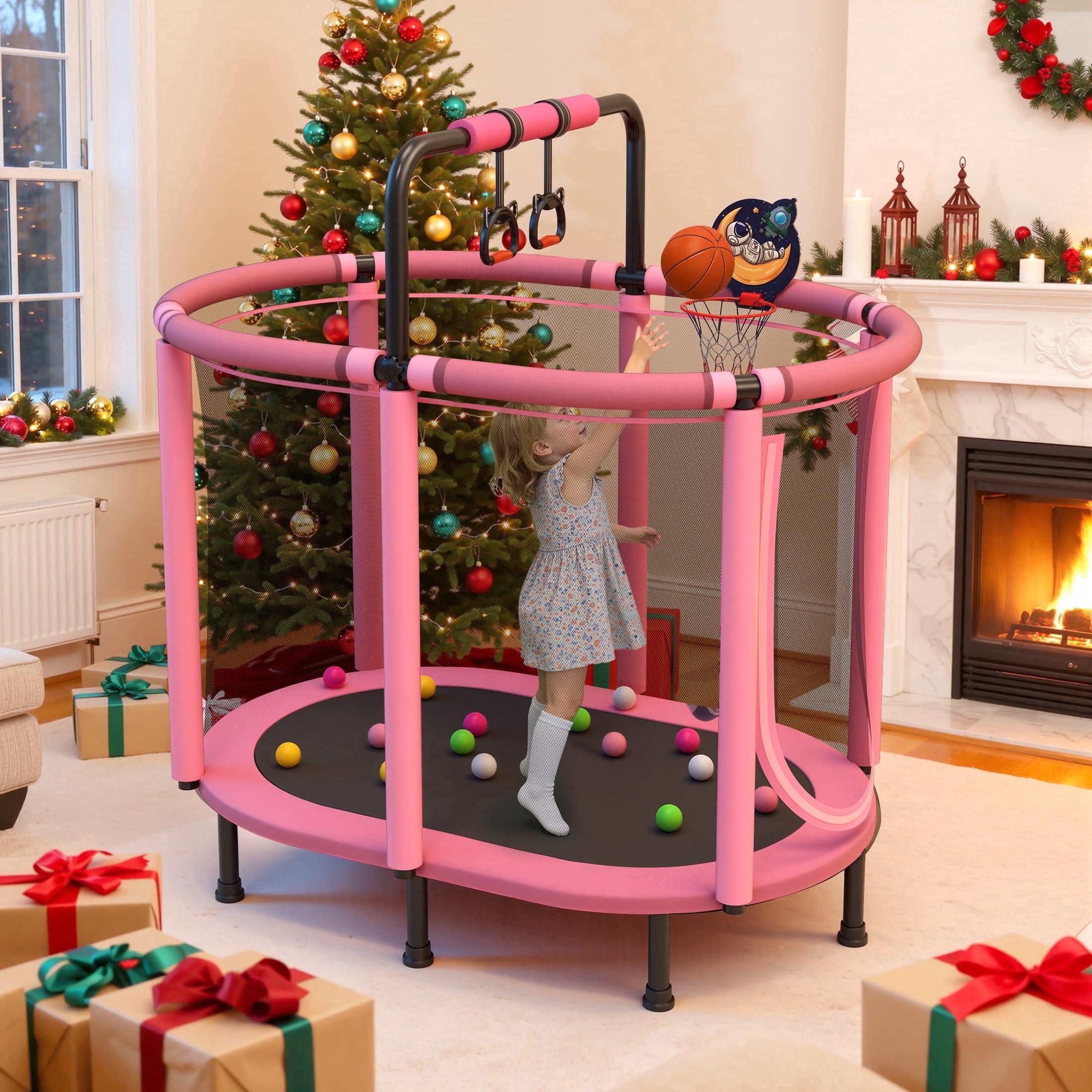 SHINPT 60 in Kids Trampoline with Enclosure Net, Basketball Hoop, and Gymnastic Bar (Pink, 60 in) n5r0i