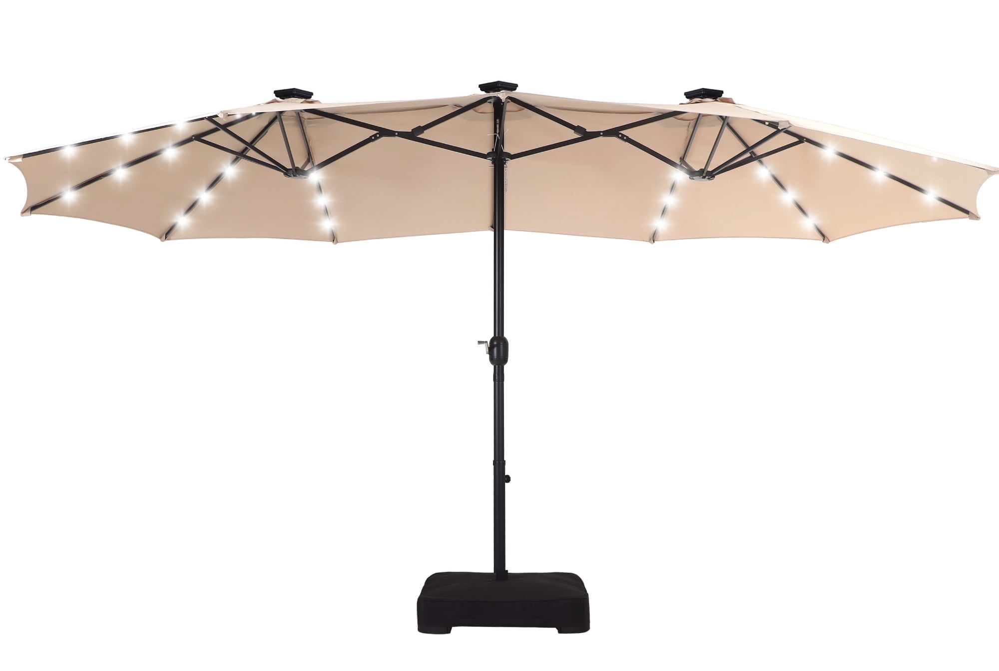 Summit Living 15ft Double-Sided Solar Patio Umbrella with LED Lights and Base (Beige, 15 ft) lu4o0