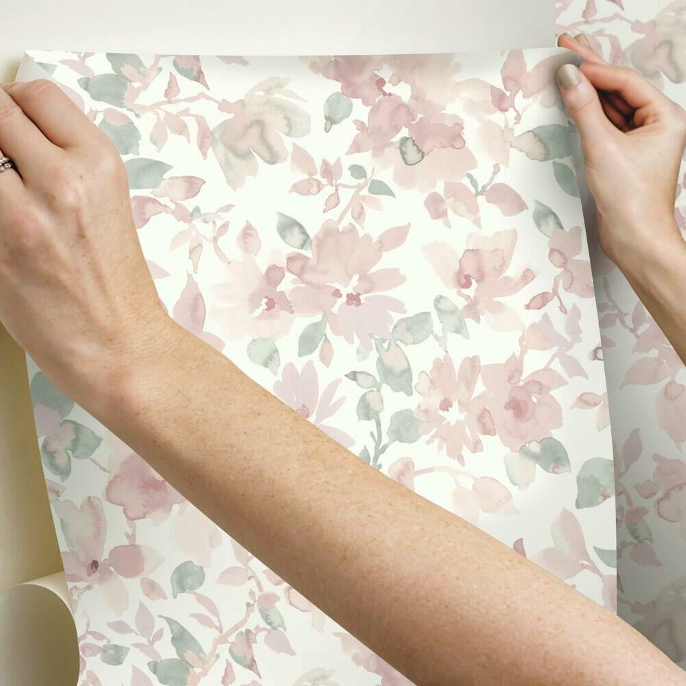 RoomMates Floral Peel and Stick Wallpaper, Removable Self-Adhesive Wall Decor (Light Pink, 28.18 sq ft) 01qoa