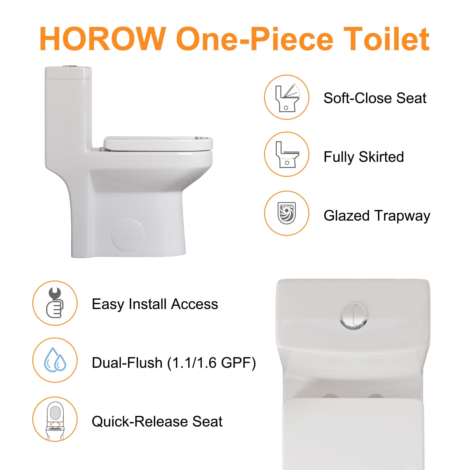 HOROW Compact One-Piece Elongated Toilet, Dual Flush Water-Saving Bathroom Commode (White, 12 in Rough-in) v7ila