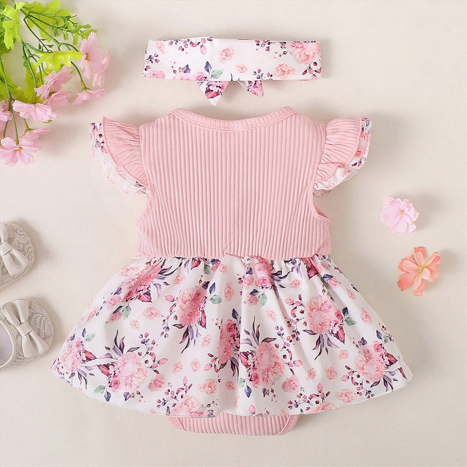 KPOPLK Baby Girl Bubble Romper with Headband Ruffle Sleeveless Bodysuit (Pink, 6-12 Months) pdtpx
