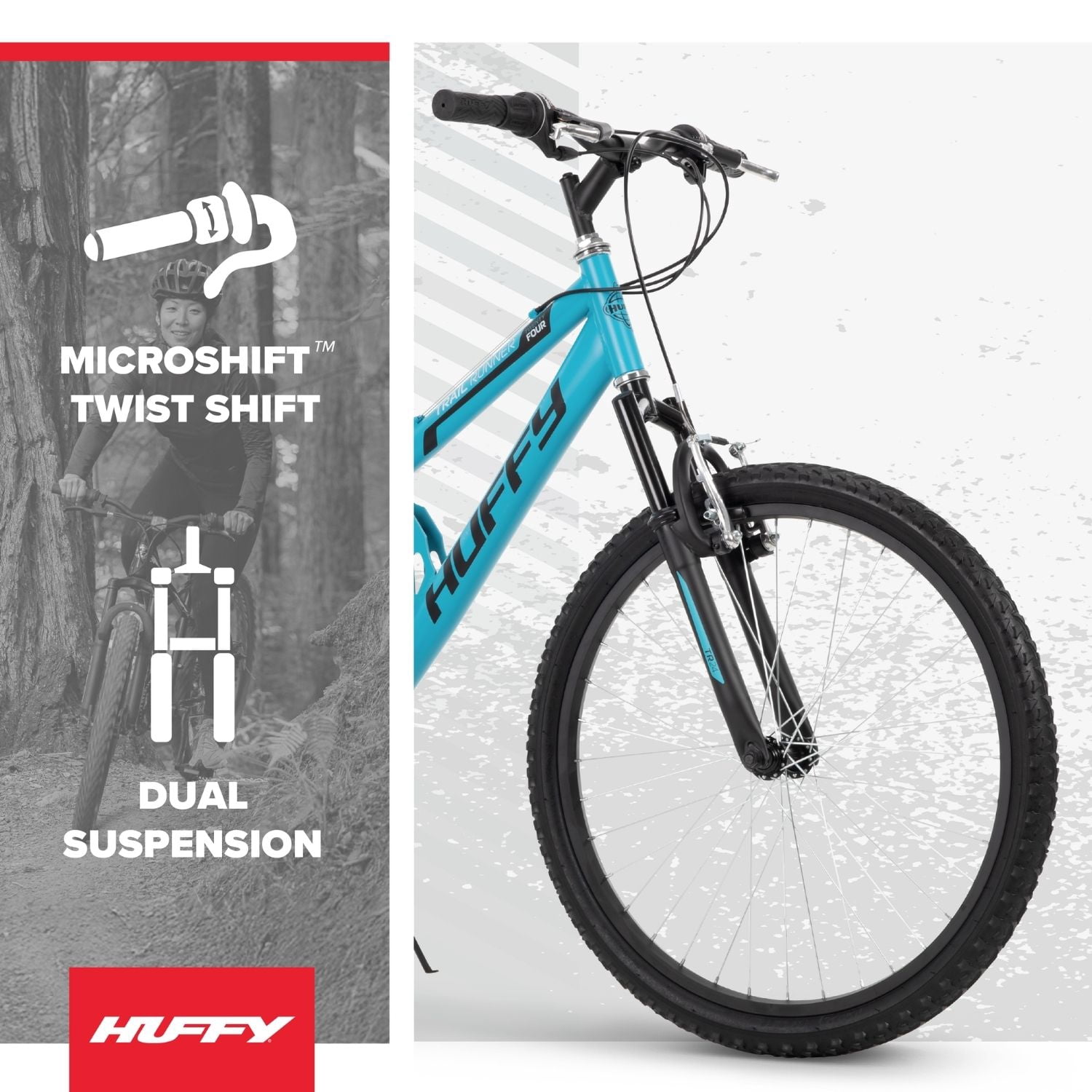Huffy 24 in Trail Runner Mountain Bike, Dual Suspension, All-Terrain, Women's Adult (Teal, 24 in) ur64d
