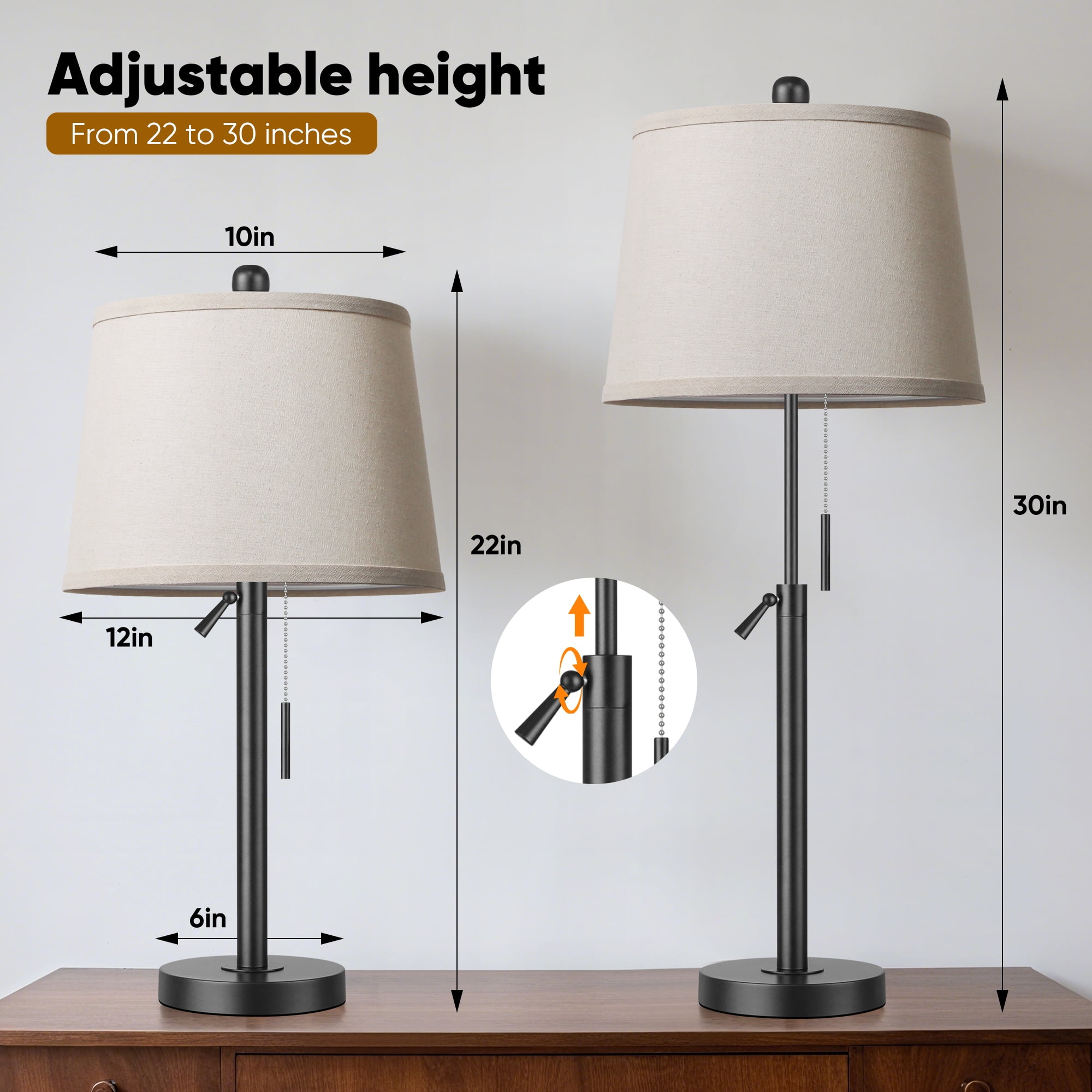 Litupuer Height Adjustable Table Lamp Set (22 in to 30 in, Black, 2 Pack) wwagh