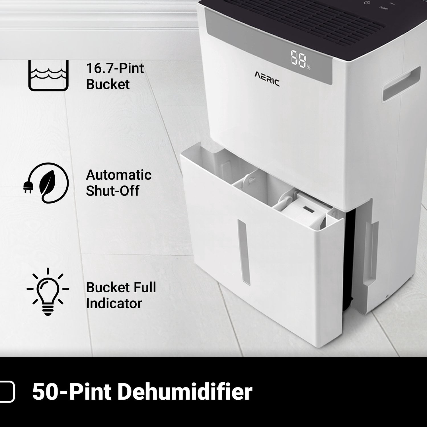Aeric 50-Pint Portable Dehumidifier for Large Rooms up to 4500 Sq Ft with Drain Hose (White) d0y68