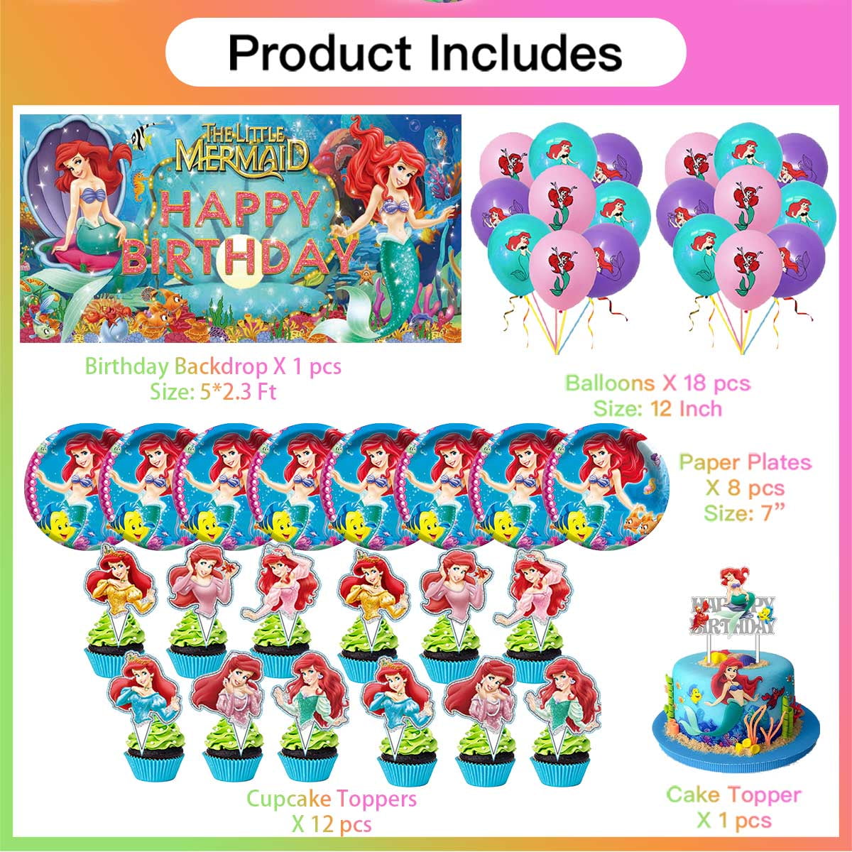 XYUJUNTAN Mermaid Birthday Party Supplies Set with Backdrop, Plates, and Cake Toppers (1 Set) 9nrjc