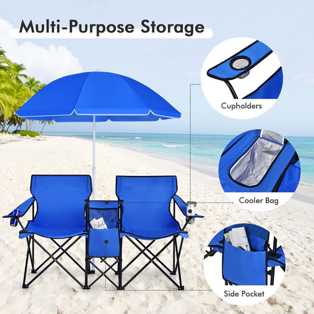 YYAo Double Folding Camping Chair with Umbrella and Cooler Bag (Blue, 2-Seat) 0x3dx