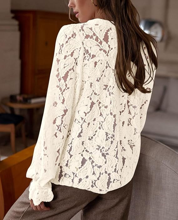 PRETTYGARDEN Women's Lace Blouse Long Sleeve Button Up Shirt Dressy Casual Top (Beige, L) ms9uy