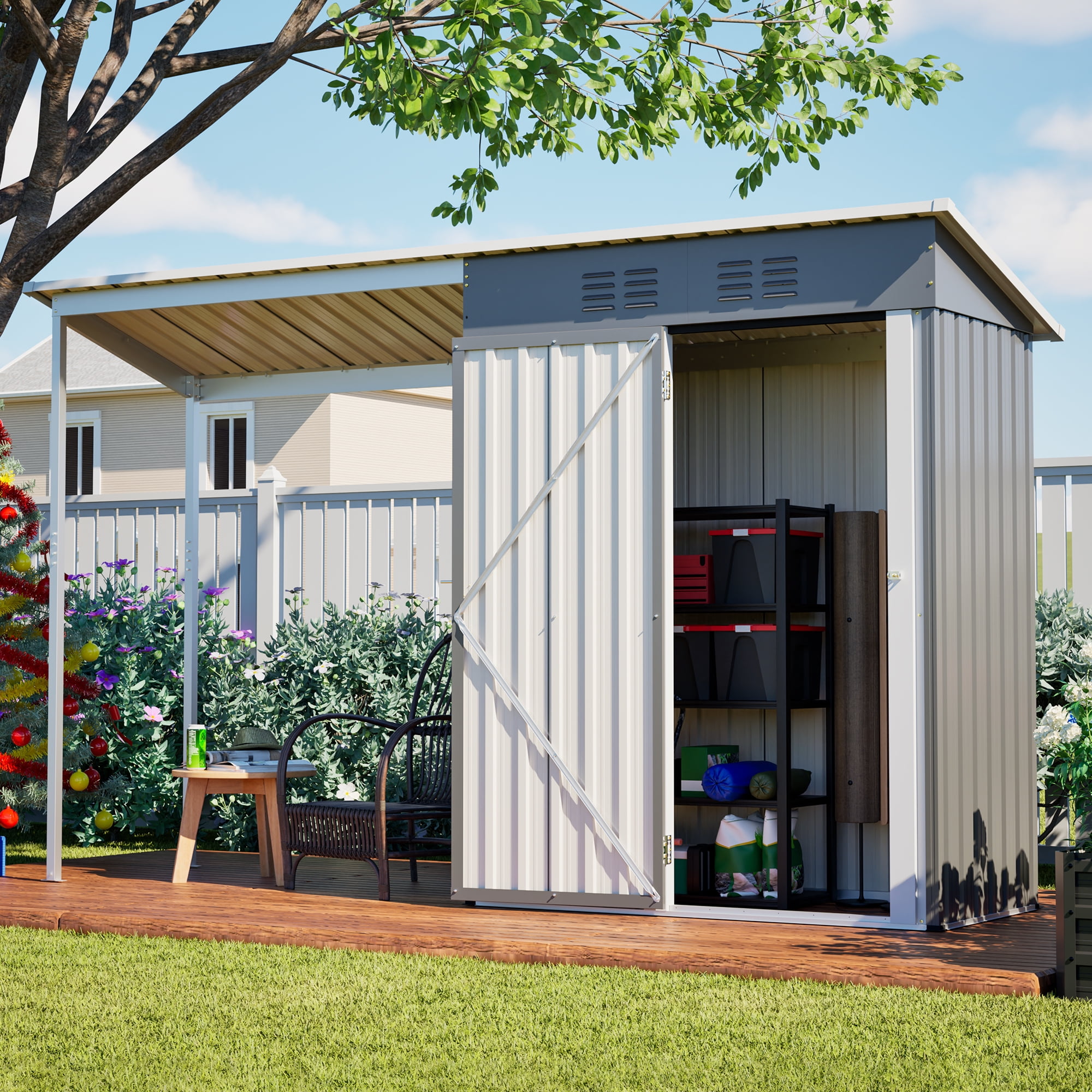 LZBEITEM Outdoor Storage Shed with Attached Hardtop Pergola, Weather-Resistant Metal Tool Shed (Grey, 5 ft x 3 ft) 9edkc