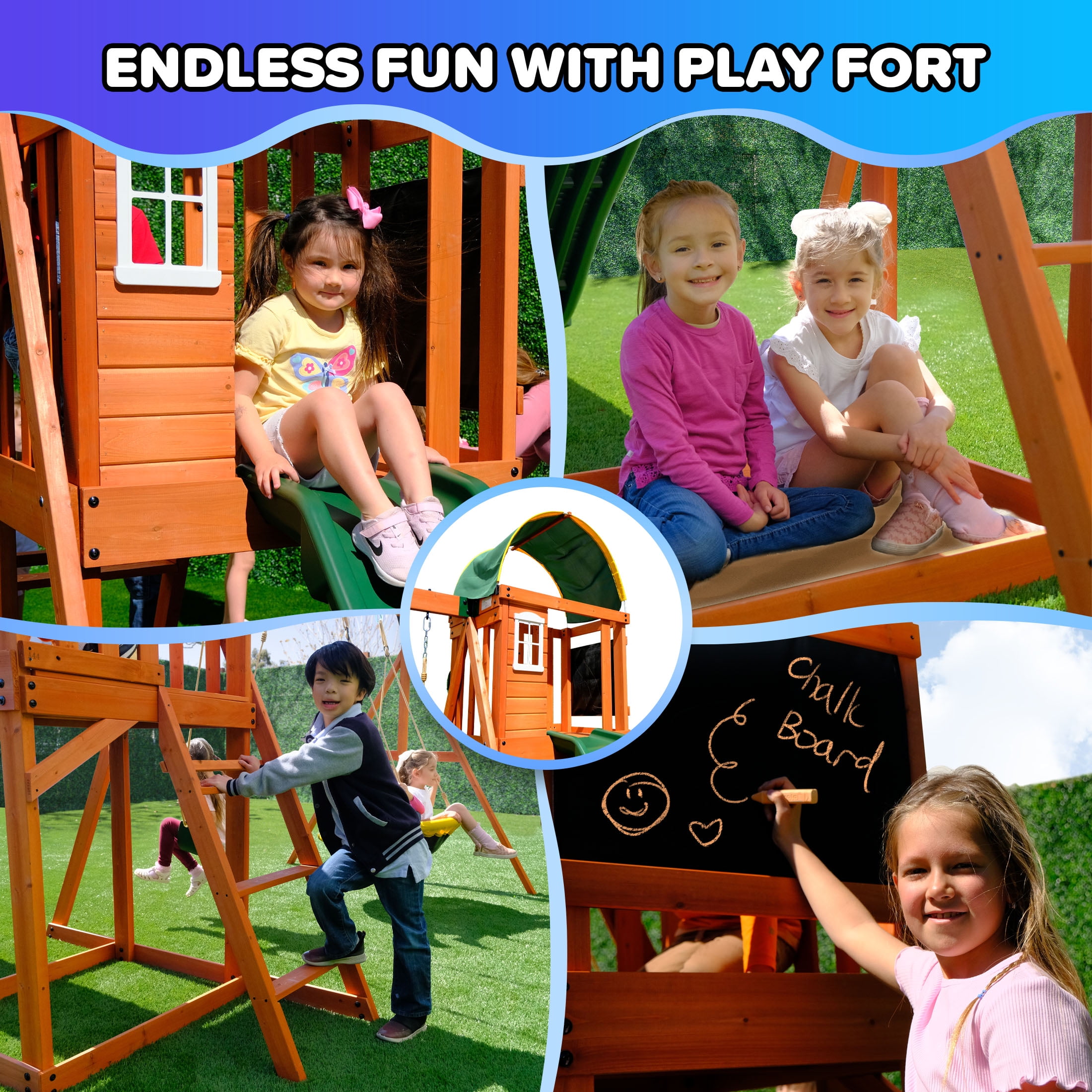 Sportspower Amelia Wooden Swing Set with Saucer Swing, 6 ft Slide, and Play Fort (Multi-Color, One Size) 1ni6f
