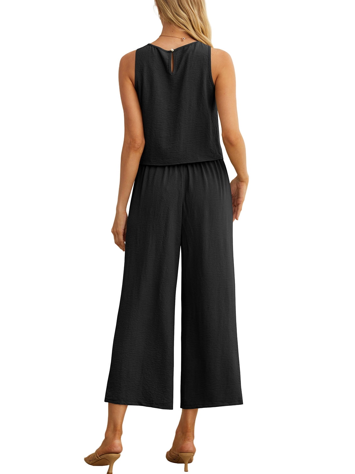 Cueply Women's Summer 2 Piece Lounge Set Sleeveless Crop Top and Wide Leg Cropped Pants (Black, M) g25z9