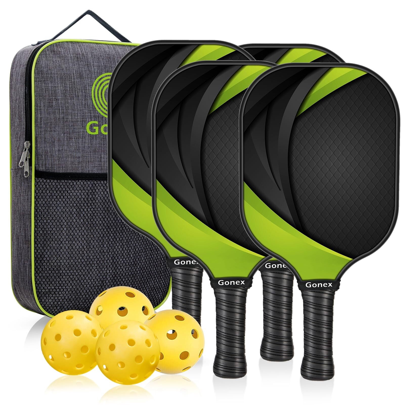 Gonex Pickleball Paddles Set of 4, Carbon Fiber Graphite Rackets with 4 Balls (Green, 4-Pack) 2oa5c