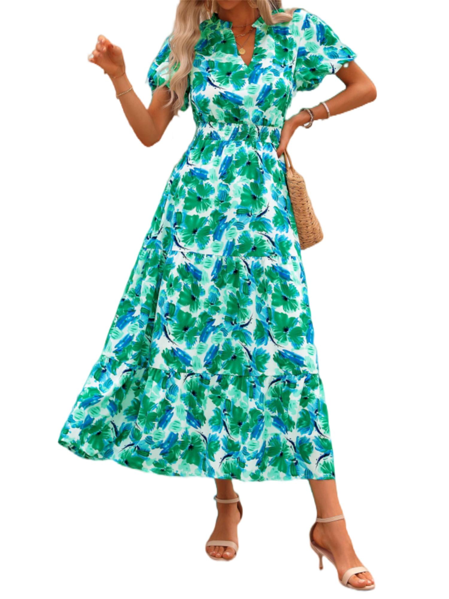 PRETTYGARDEN Women's Floral Maxi Dress V Neck Puff Sleeve Smocked Ruffle Flowy Boho Beach Dress (Green, XL) x0nsf