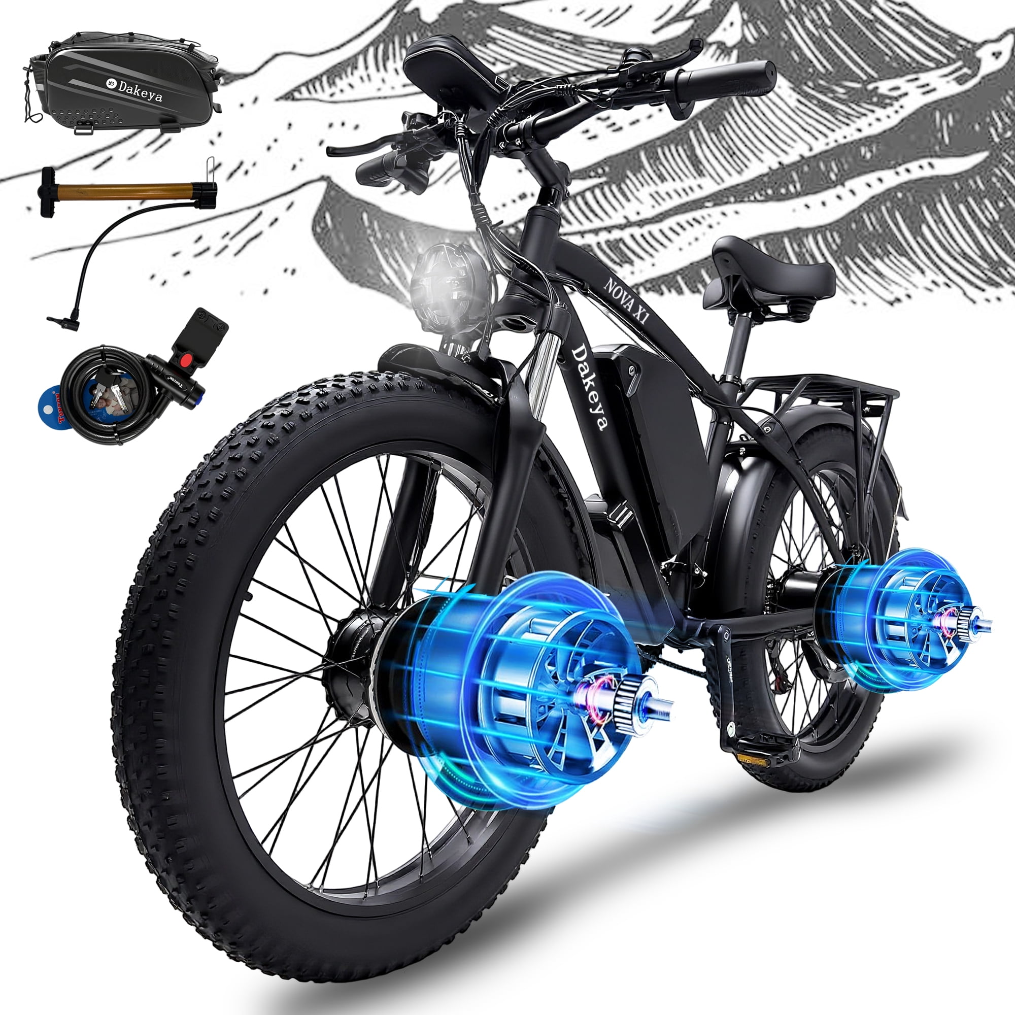 KYD Electric Fat Tire Bike for Adults, 6000W Dual Motor Off-Road Mountain Ebike, 50 MPH, 60V 25AH Battery (Black, 26 in) qav92