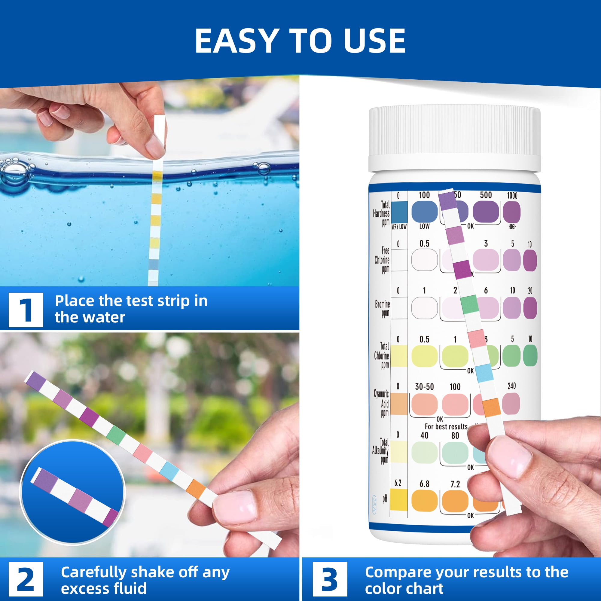 EASYTEST 7-in-1 Pool and Spa Water Quality Test Strips, Accurate pH, Chlorine, and Hardness Testing (150 Strips) 73srx