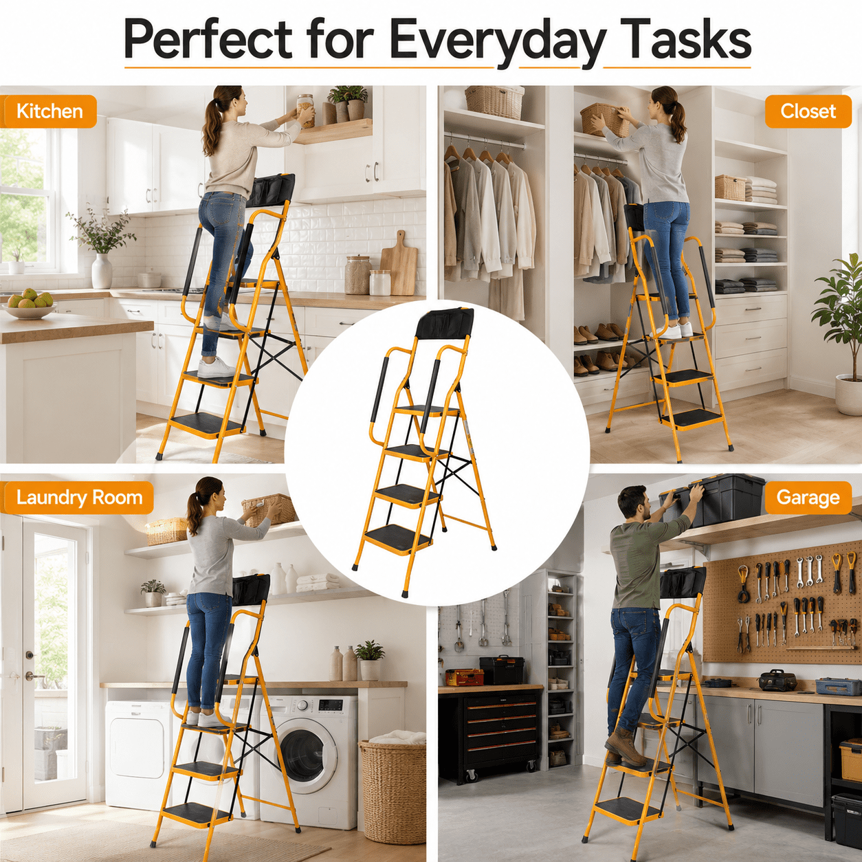 Alvantor 4-Step Iron Ladder with Handrails and Tool Bag (Ginger Yellow, 330 lb Capacity) szhpg