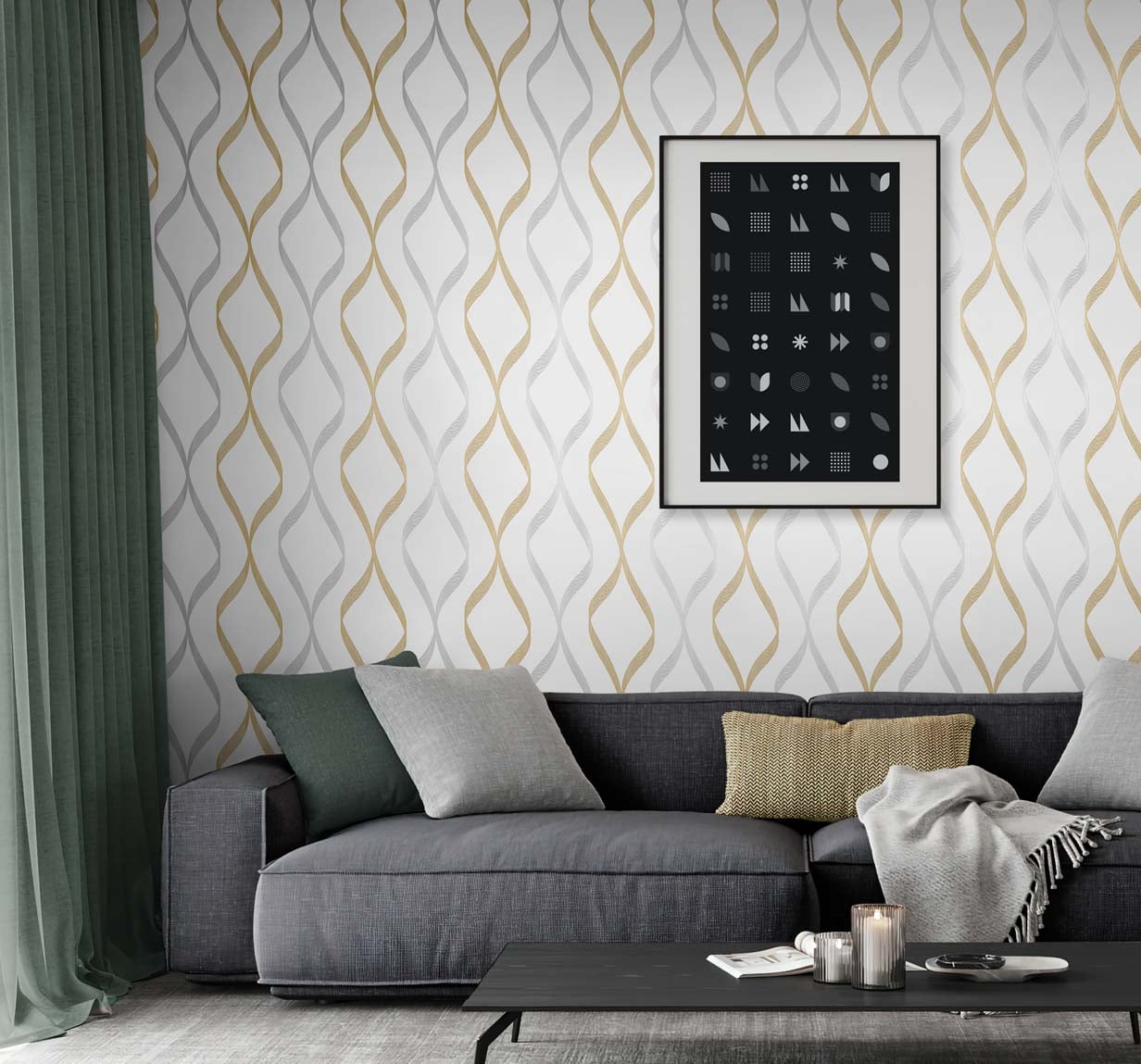 NextWall Ogee Ribbon Peel and Stick Wallpaper (Silver and Gold, 20.5 in. x 18 ft.) xie6h