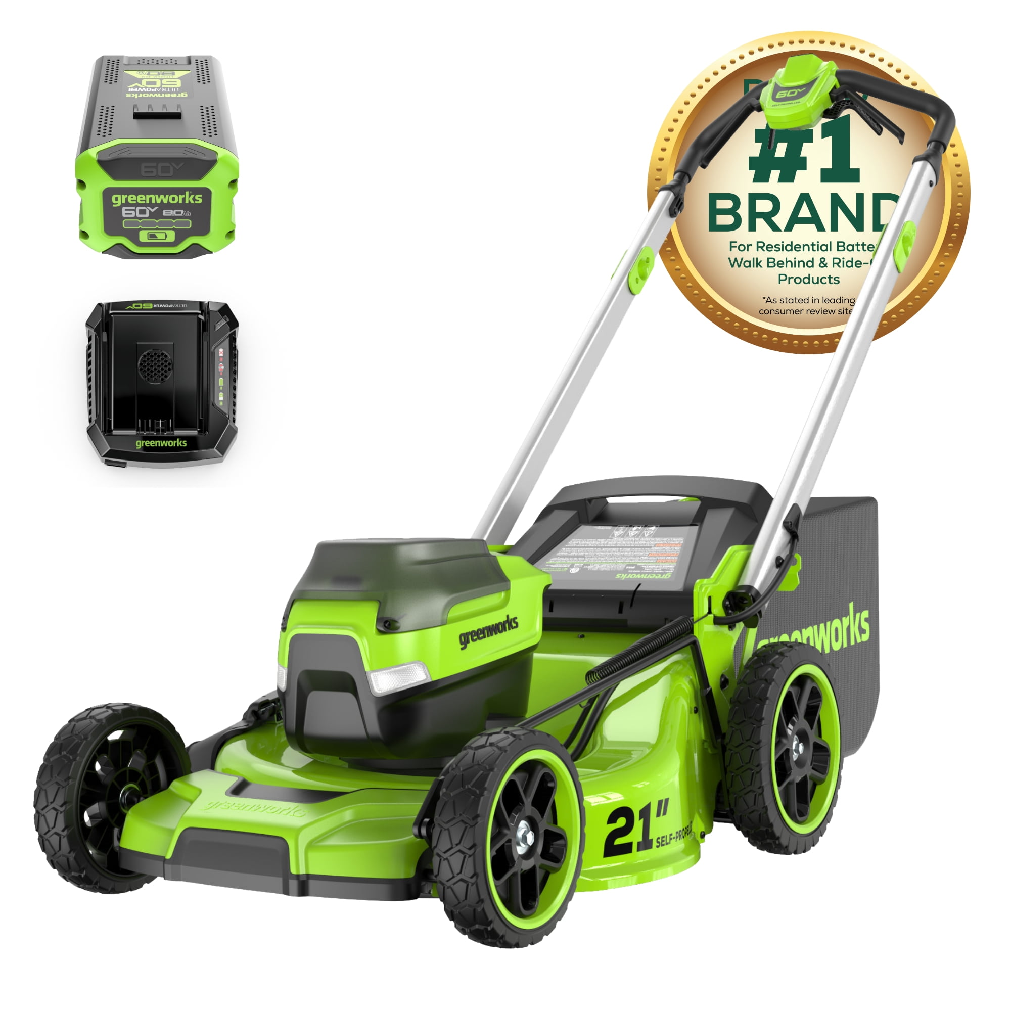 Greenworks 60V 21 in Self-Propelled Lawn Mower with 8.0 Ah Battery and Rapid Charger (Green, 21 in) ijbnt