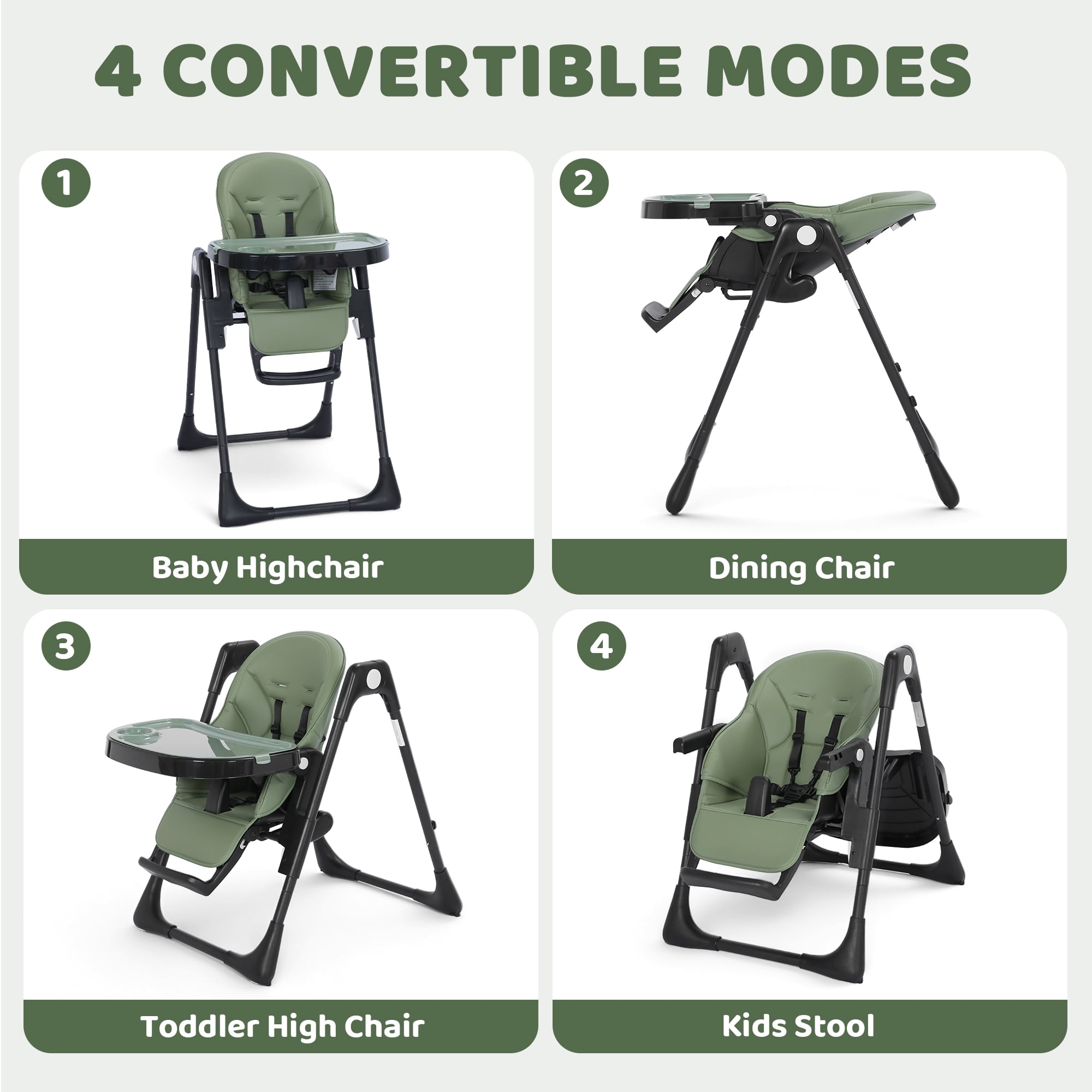 AILEEKISS Foldable Baby High Chair with Detachable Double Trays and Adjustable Recline (Green) xfin6