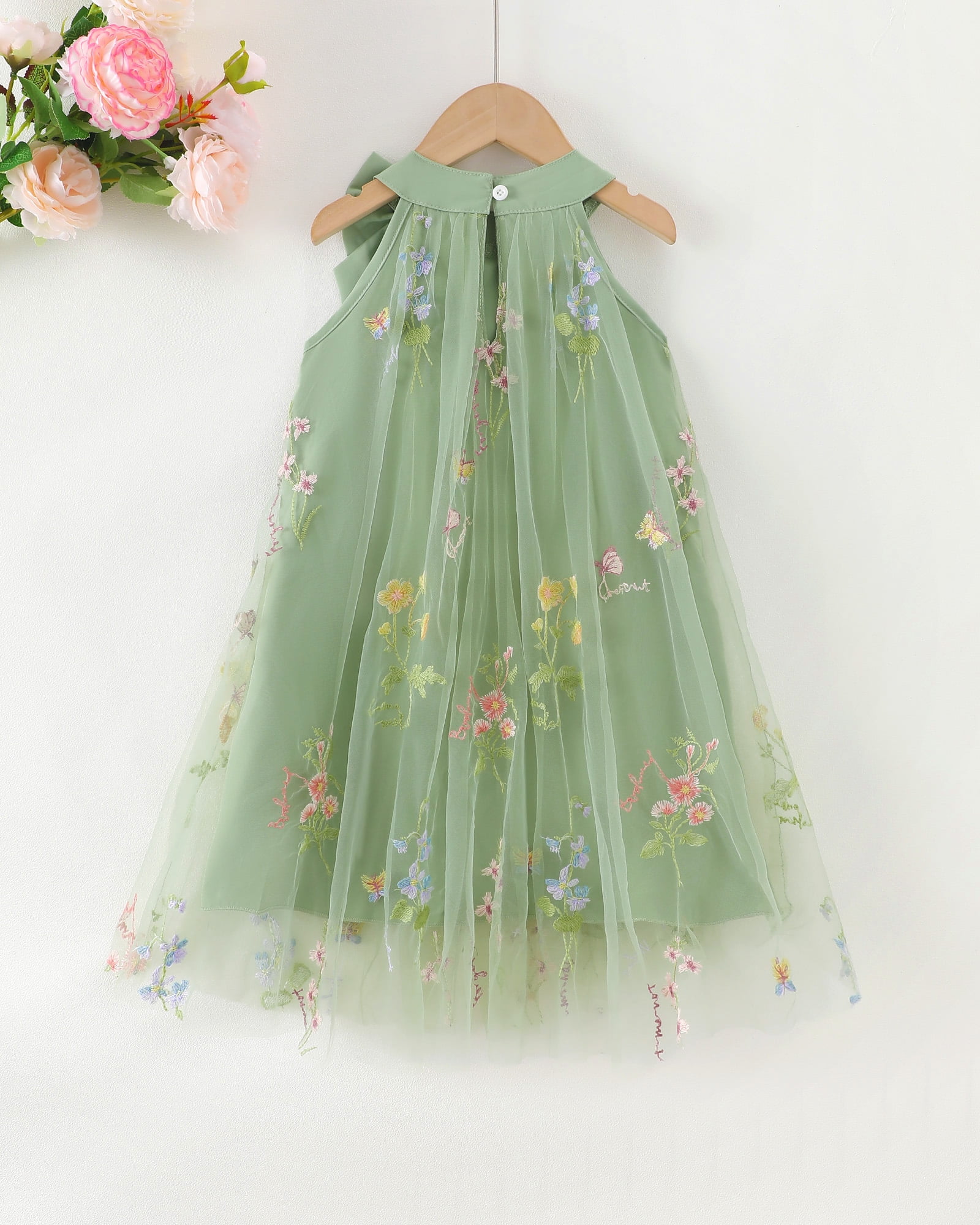Saeaby Toddler Girls Summer Tulle Dress Sleeveless Halter Floral Party Outfit (Green, 4T) k83gd