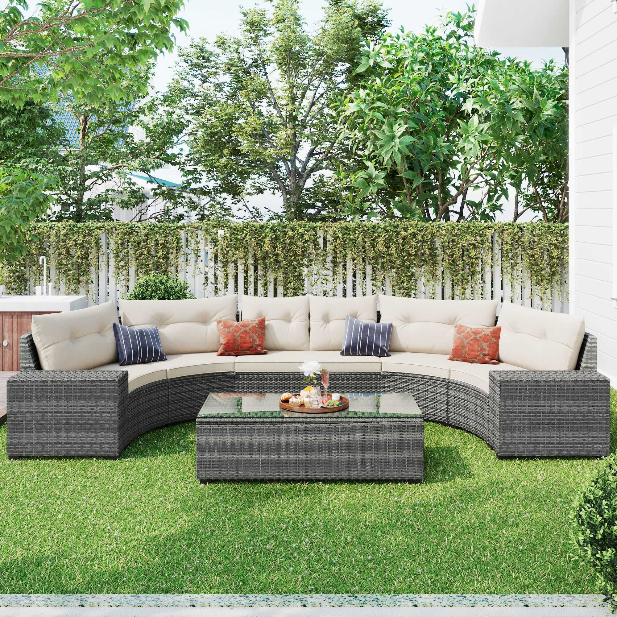 Rhomtree 8-Piece Half-Moon Outdoor Patio Furniture Set, Sectional Rattan Sofa with Coffee Table and Cushions (Beige) kks3i